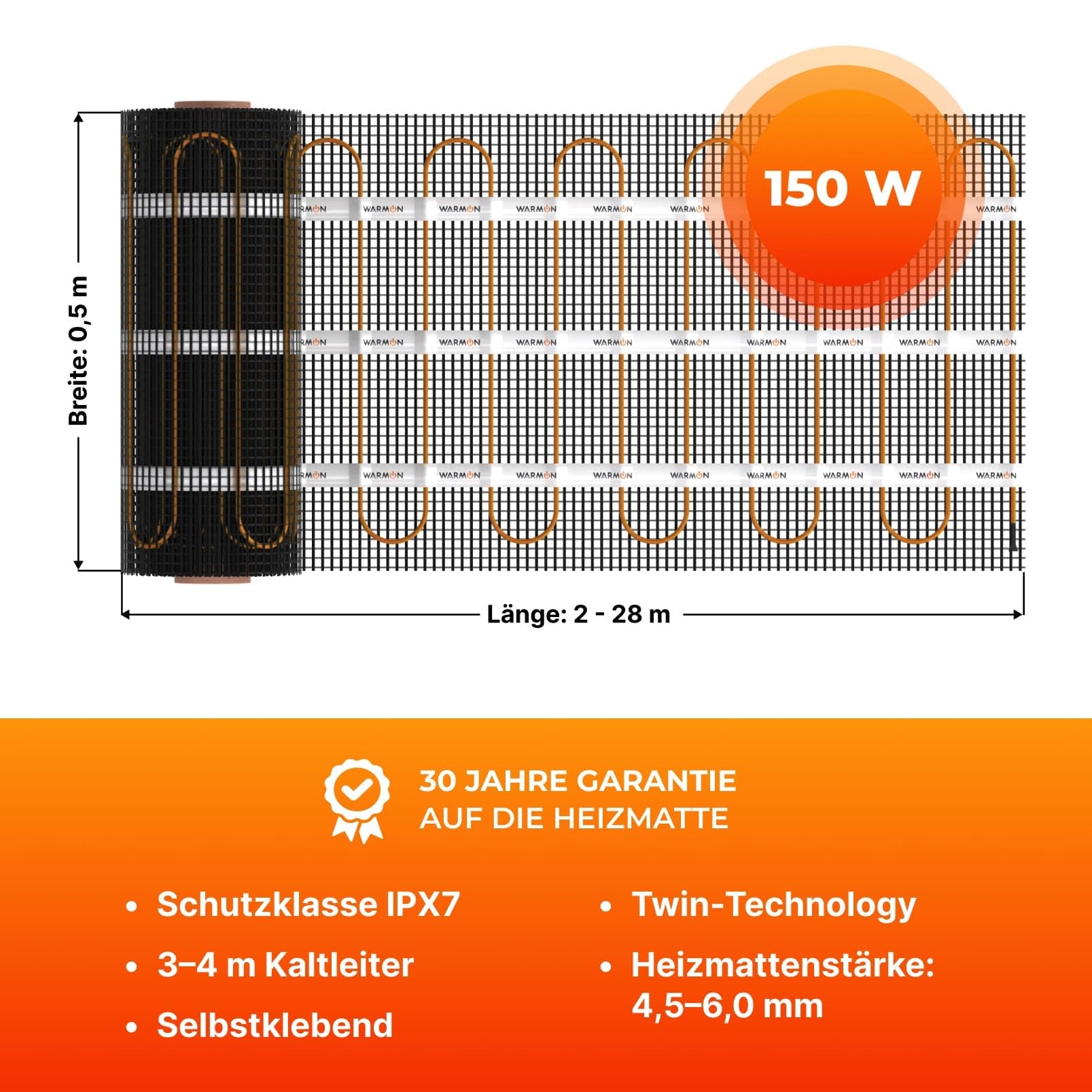 Elektrische Fußbodenheizung: Heizmatte WARMON CLASSIC 150 W/m² inkl. Touch WiFi Thermostat(25A), Thermostat:TS 500 WiFi Weiß, Mattengröße:2,5 m²
