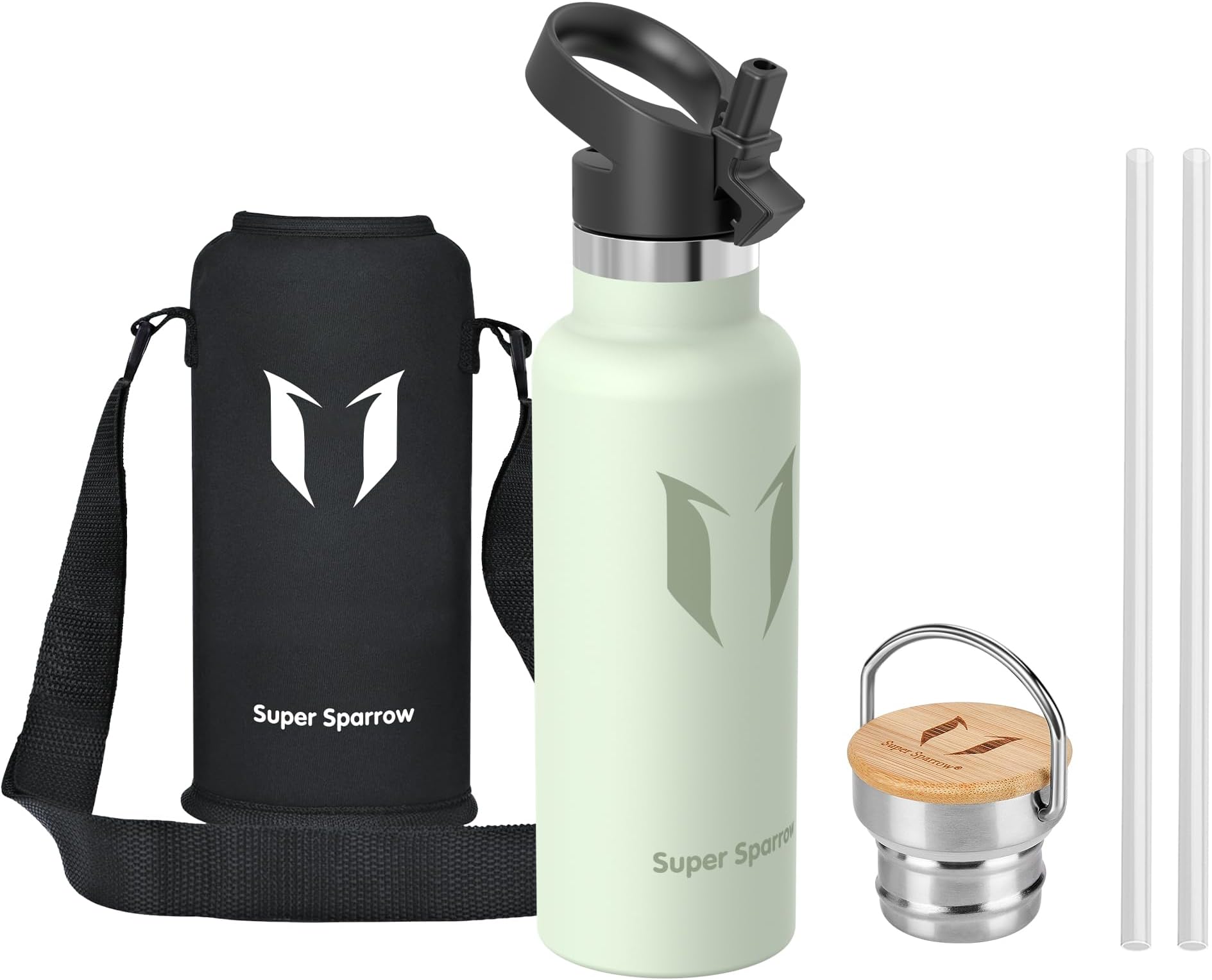 Super Sparrow Water Bottle Stainless Steel - 500ml/750ml/1L- Insulated Metal Water Bottles - Standard Mouth Flask - BPA Free - Straw Bottle for Work, Gym, Sports - 2 Lids