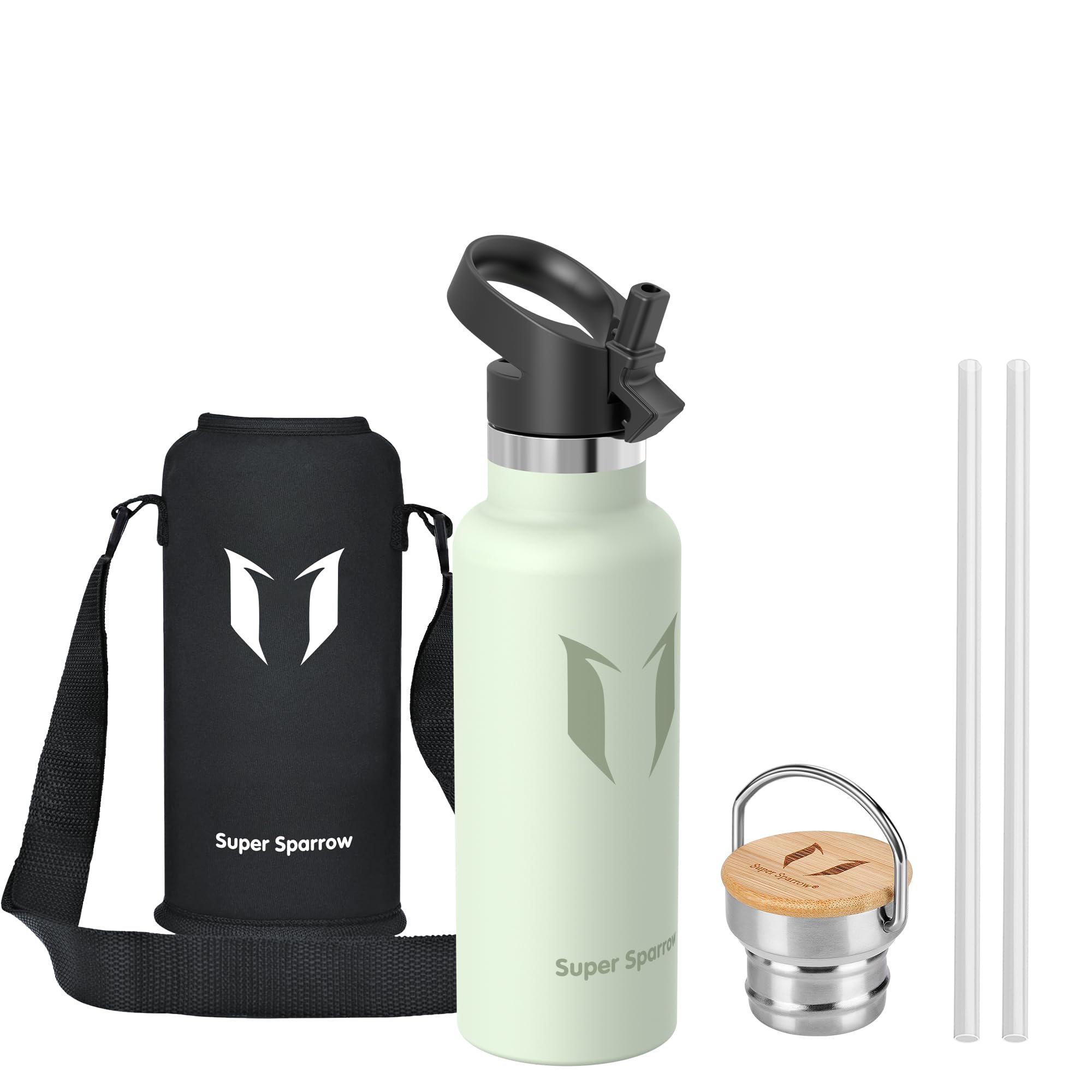 Super Sparrow Stainless Steel Water Bottle Kids - 500ml - Insulated Metal Water Bottles - Standard Mouth Flask - BPA Free - Straw Bottle for Work, Gym, Sports - 2 Lids
