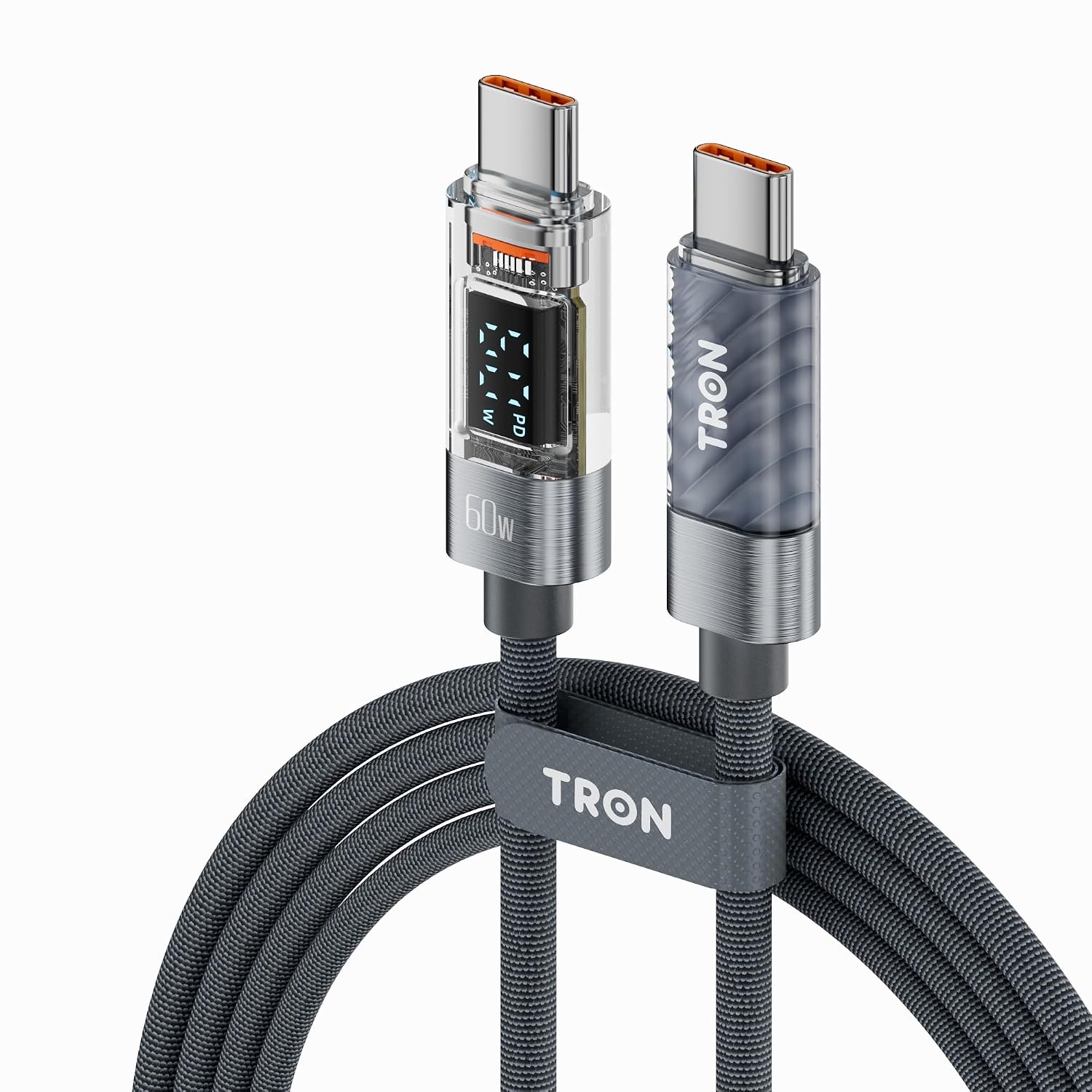 TRON 60W USB-C to USB-C Fast Charging Cable, Digital Display, PD Power Delivery, Transparent Design, 480Mbps Data Sync, Braided Cord, 5FT (Gray)