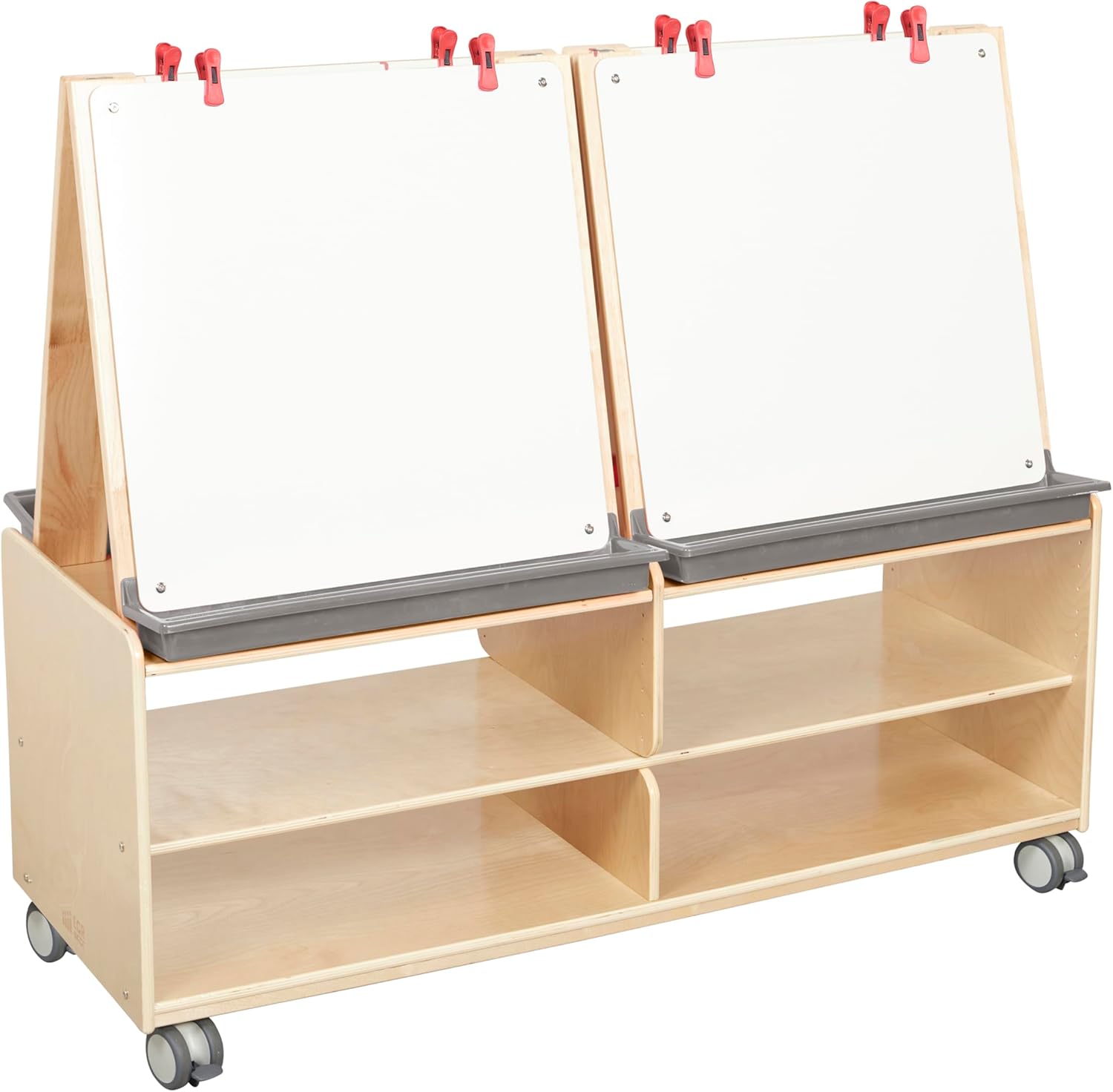 ECR4Kids 4-Station Double-Sided Mobile Art Easel with Storage and Clips, Classroom Supplies, Natural