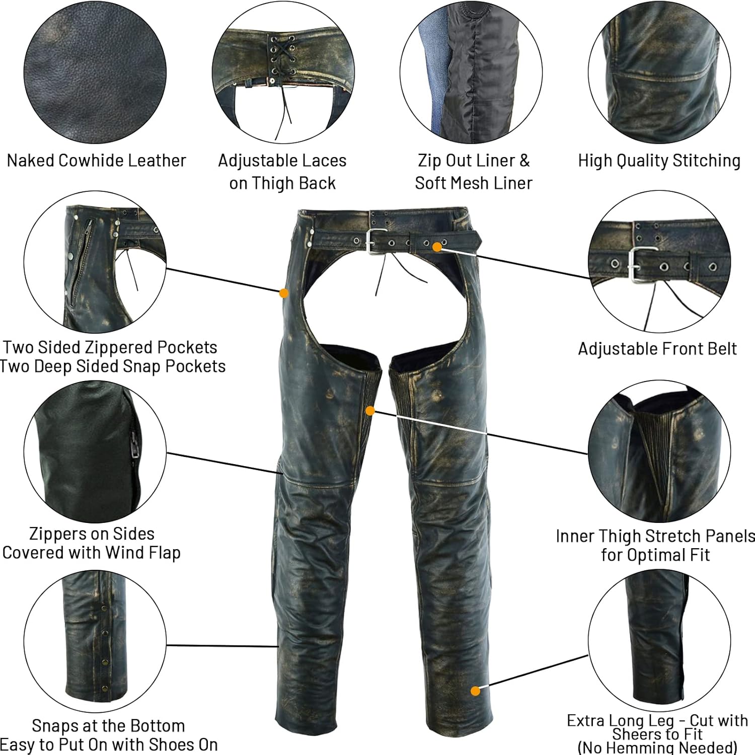 Dream Apparel Mens Distressed Brown Leather Motorcycle Riding Chaps with Zip Out Liner, Cowboy Biker Chaps Pants W/ 4 Pockets - Image 2