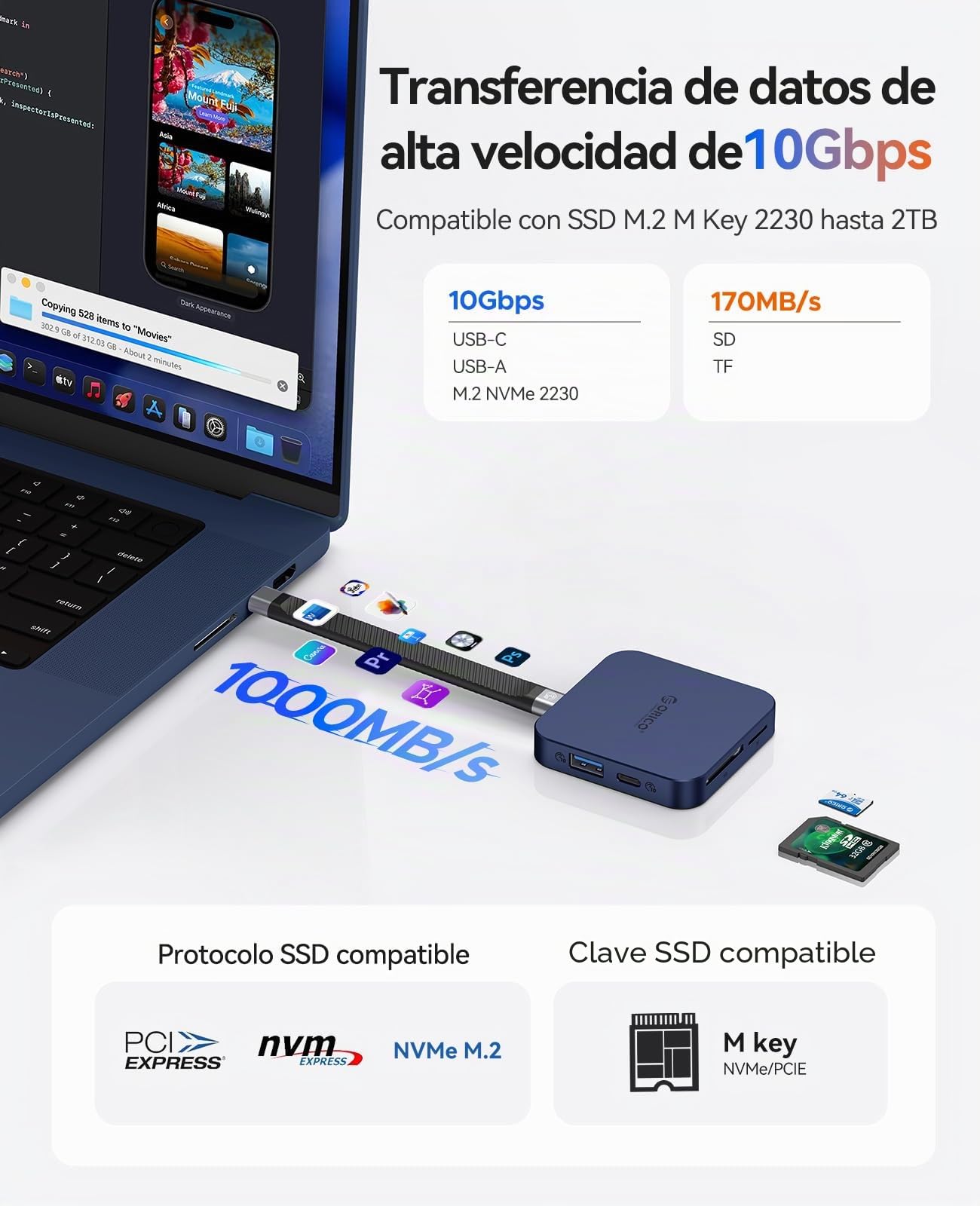 ORICO Conexión de Acoplamiento Magnética USB C, Carcasa para SSD M.2 NVMe, Docking Station 8 en 1 con HDMI 4K@60Hz, PD 100W, USB-A 10 Gbps, SD/TF, Audio. Hub USB C Dockingstation para iPhone MG7
