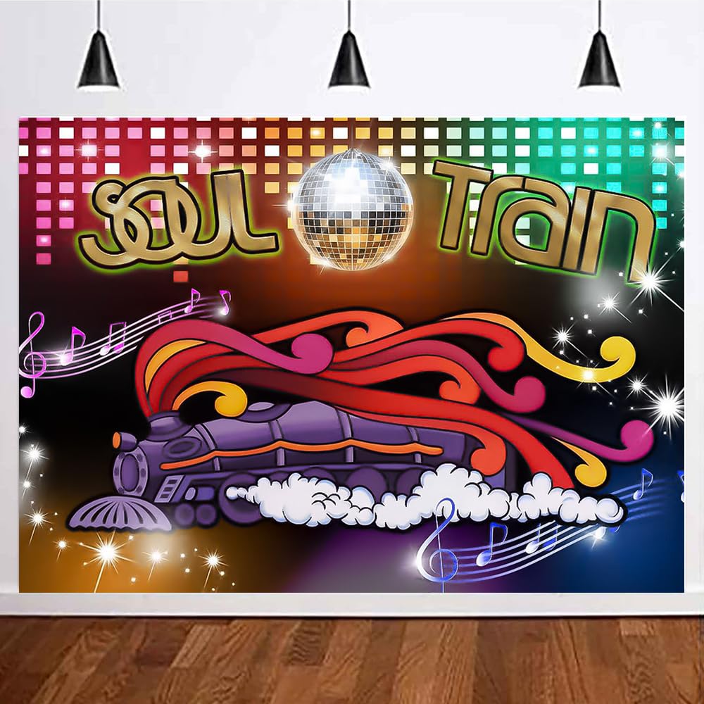 Fanghui Soul Train Themed Photo Backdrop for 70's and 80's Disco Dancing Prom Party 7x5FT Square Glow Neon Let's Crazy in The Dark Photography