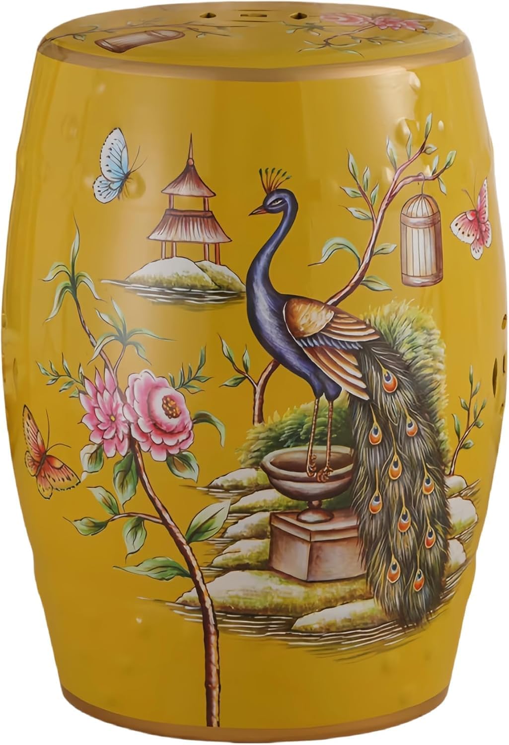 Glazed Peacock Ceramic Garden Stool - Decorative Drum Stool for Living Room, Patio, Garden, Balcony - Stylish Silver Accent Piece Yellow