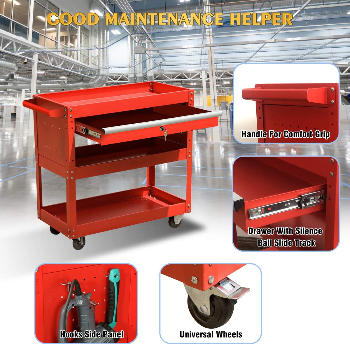 X&T 3-Tier Big Tool Cart, Rolling Tool Cart on Wheels for Mechanics, Rolling Storage Cart with Drawers Lock, General Garage Cart for Warehouse, Red