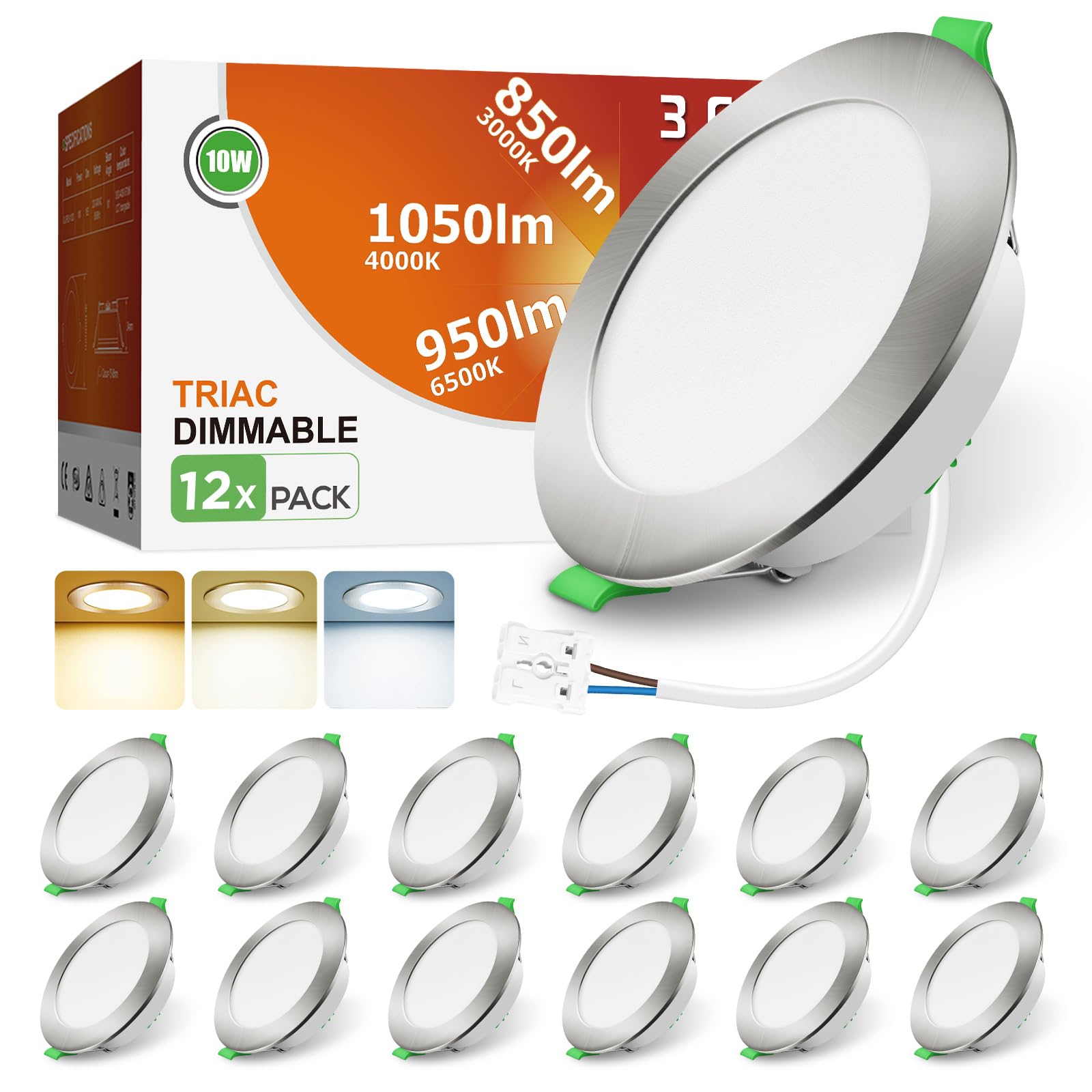 ALUSSO LED Einbaustrahler 230V Dimmbar 10W 1050LM Spots Flach 3CCT 3000K Warmweiß 4000K Neutralweiß 6500K Kaltweiß IP44 Einbauleuchten für Badezimmer Küche Wohnzimmer, Gebürstet Nickel, 12er Set