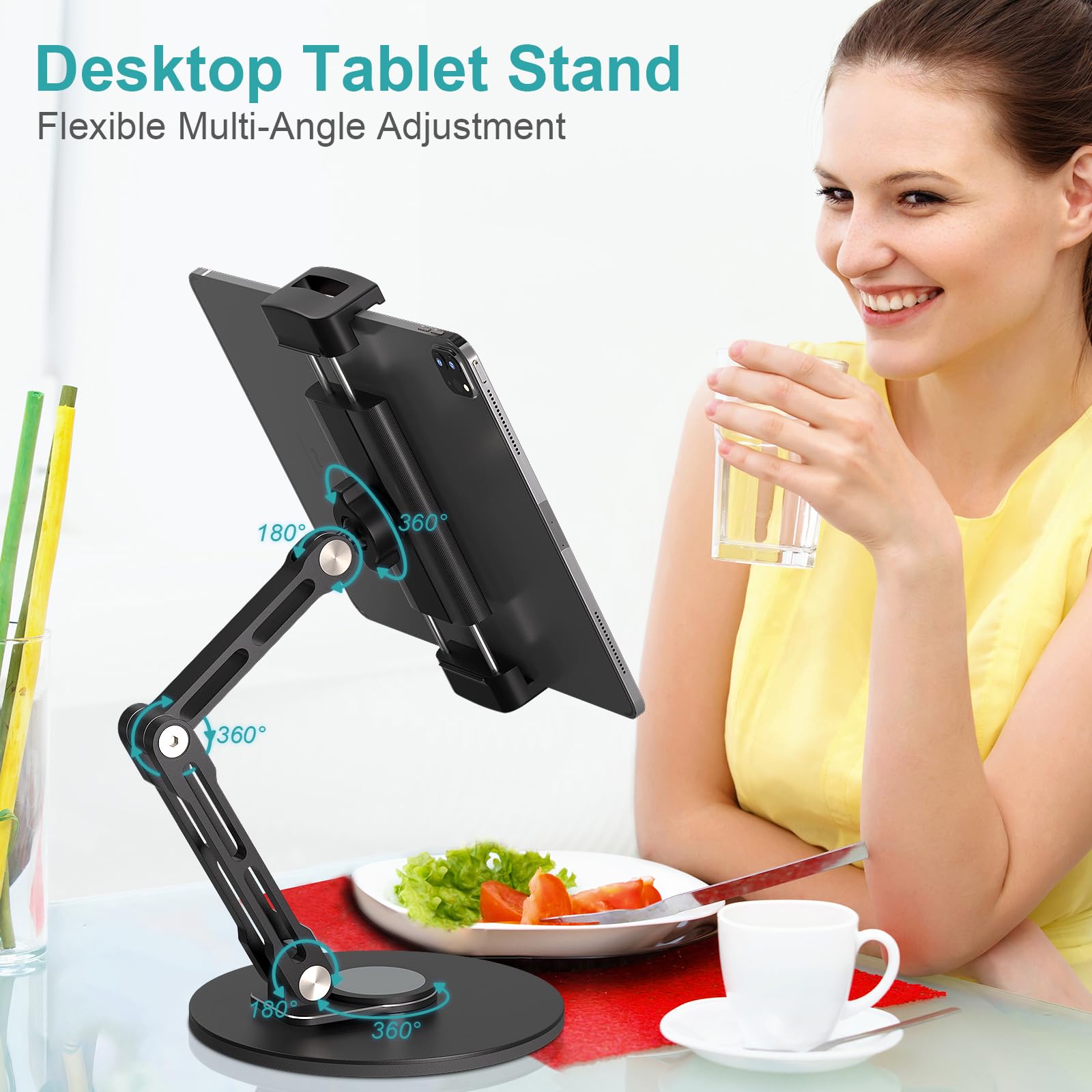 Supporto da scrivania per iPad, supporto per tablet con rotazione a 360°, base in metallo, morsetto per iPad, compatibile con iPad Pro, Surface Pro, monitor portatile, iPhone, adattatore a vite per
