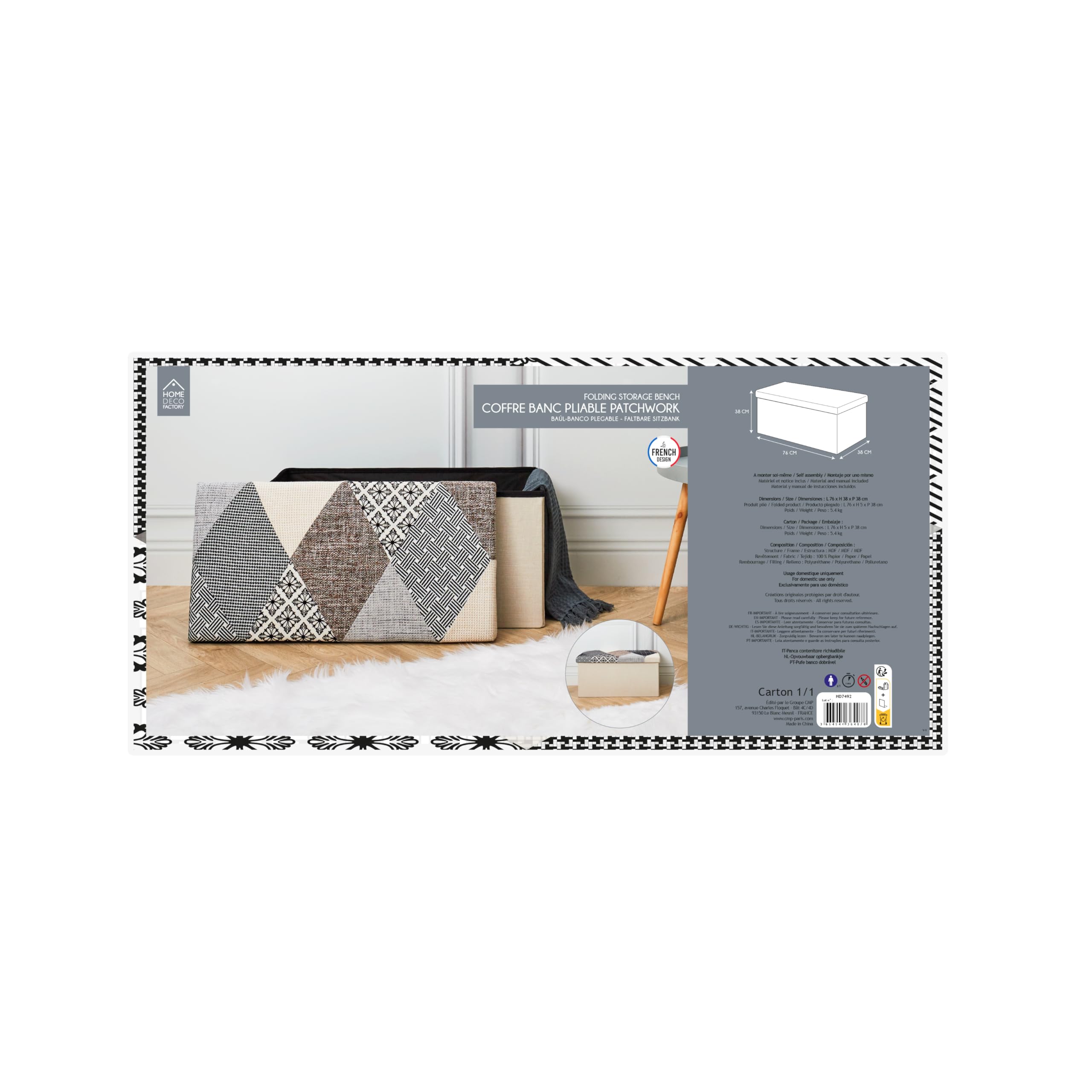 HOME DECO FACTORY Chest, Bench, Patchwork, Grey, Bench, Foldable, for Living Room, Bedroom, Dining Room, Multicoloured, 76 x 38 x 38 cm