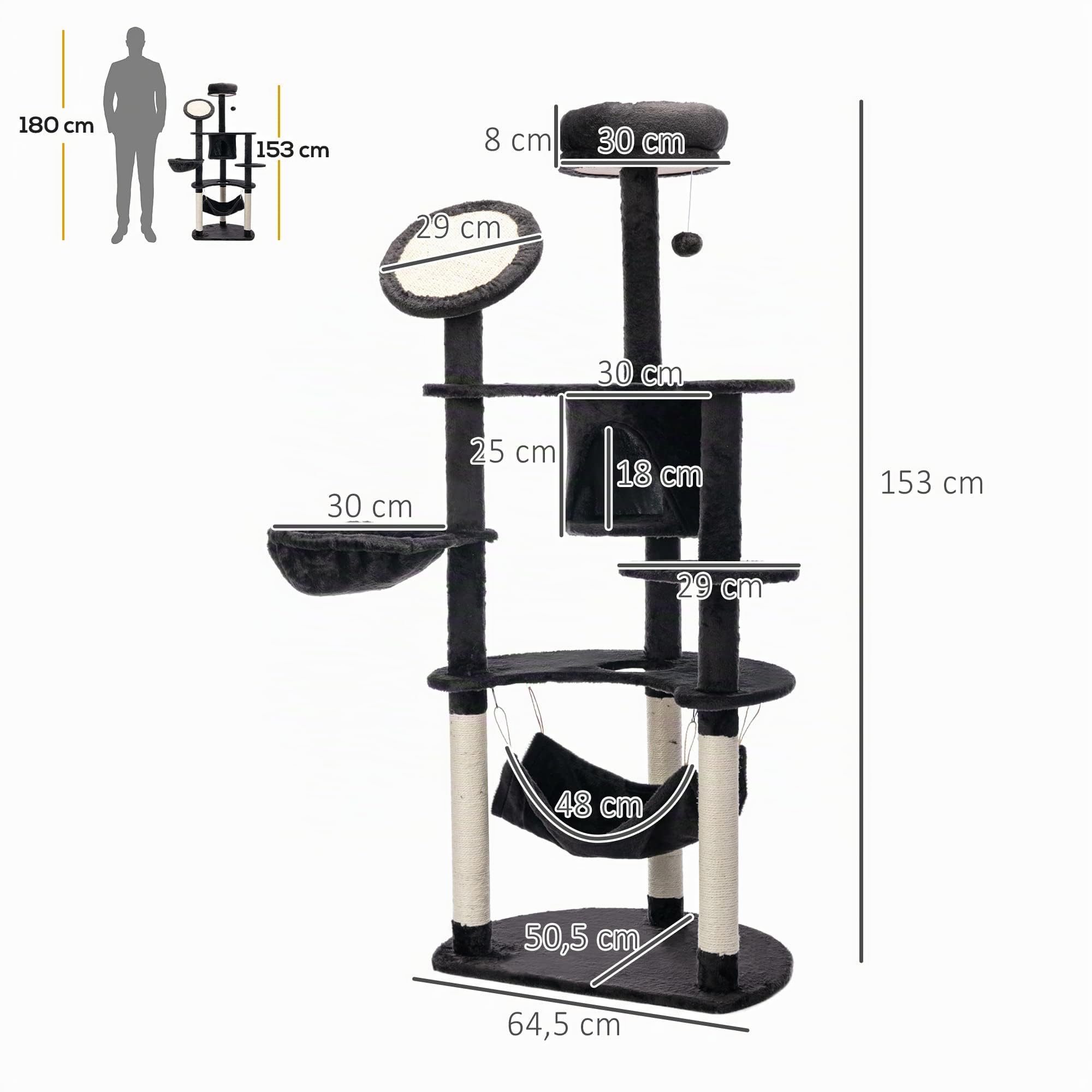 PawHut Árbol Rascador para Gatos Grande Torre 65x50x153 cm Gris Oscuro | Torre para Gatos, Centro de Actividades, Múltiples Plataforma, Poste, Hamaca, Bolas de Juguete, Cueva
