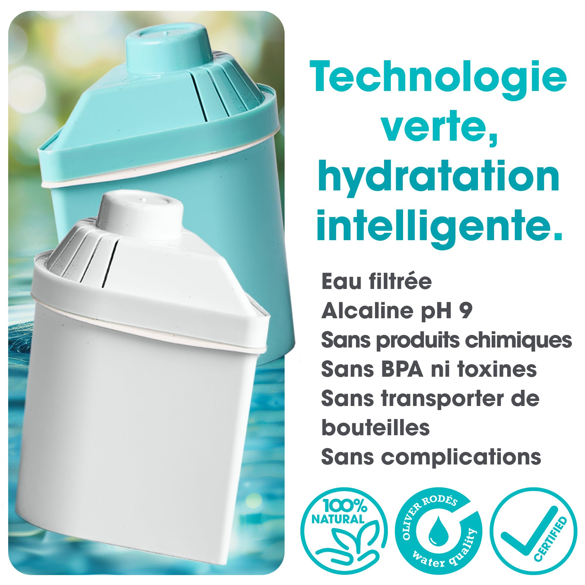 Pack 3 Filtres Alkanatur 400L par Filtre – Eau Alcaline Purifiée Réduit Chlore & Métaux Lourds – Antioxydants Naturels Filtres Sans BPA Compatibles Carafe Filtrante Alkanatur – Longue Durée Écologique