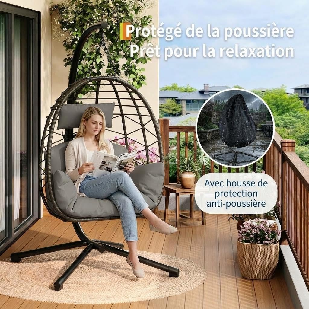 Fauteuil Suspendu en Rotin Synthétique avec Support – Chaise Œuf Suspendue avec Coussin Épais, Hauteur Réglable, Structure Stable en Métal, pour Jardin, Balcon, Terrasse, Salon Intérieur Et Extér