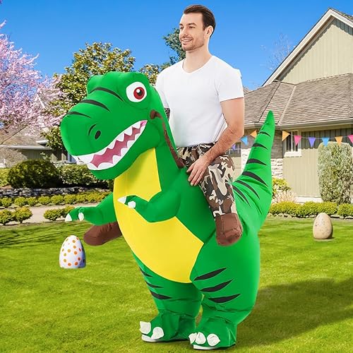 Miniatura 4 de COMIN Disfraz inflable de dinosaurio para niños, disfraz de dinosaurio inflable de T-Rex, vestido divertido verde para fiesta de Halloween