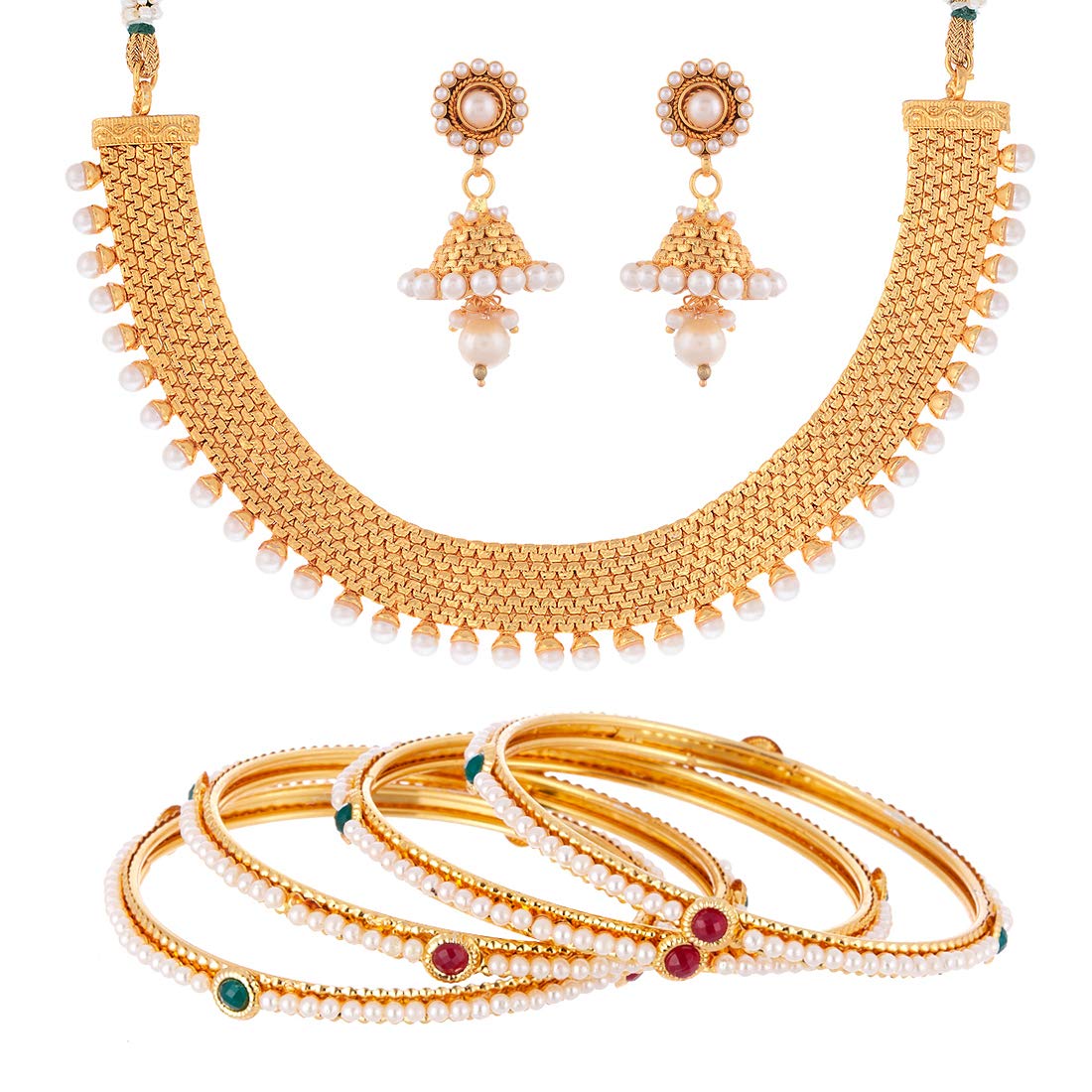 zeneme Jewellery Traditional Combo White Pearl Gold Plated Necklace Earrings Set With Bangle Set for Women & Girls-picture-9