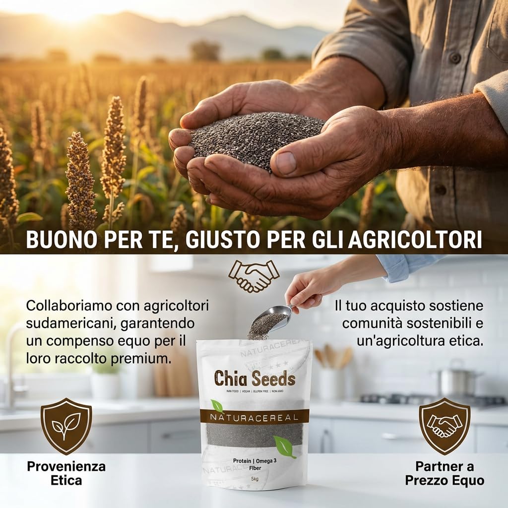 Naturacereal Semi di Chia 5kg - Crudo e 100% Naturali - Ricchi di Omega 3, Fibre e Proteine - Alimento Low-Carb e Superfood per Yogurt e Frullati - Qualità Premium Salvia Hispanica