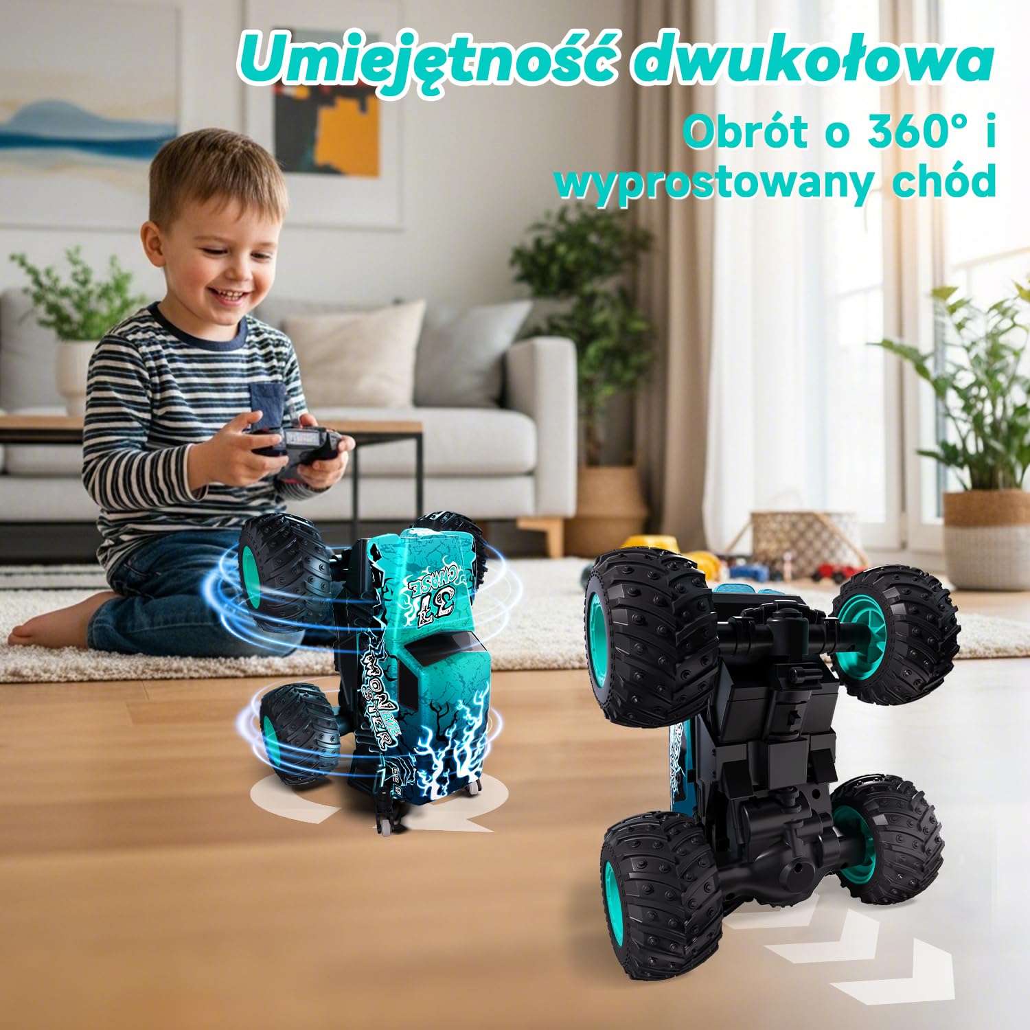 Halloween Monster Truck zdalnie sterowany, 1/20 Monster Truck z chodzeniem w pozycji pionowej i obrotem o 360°, 20 km/h, zdalnie sterowany samochód z oświetleniem LED i muzyką, zabawka na Halloween i