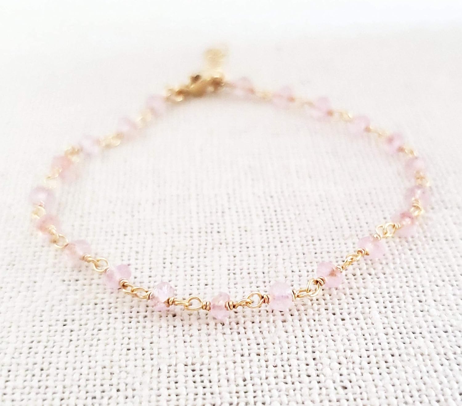 Rose Quartz Bracelet - Gemstone Jewelry - Wire Wrapped Rosary Chain - 14k Gold Filled - Gift for Her