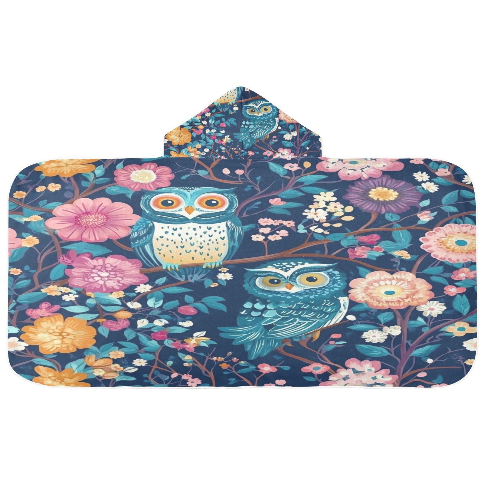 Kigai Owl Flowers Hooded Beach Towel for Kids Soft Absorbent Quick Dry Bath Towel with Hood Lightweight Toddler Shower Pool Bath Wrap for Boys Girls