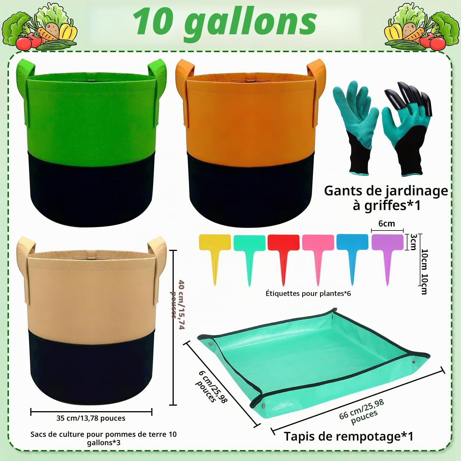 Sac de Plantation Lot de 3, Sacs à Patates de 10 Gallons avec Gants Tapis de Jardin et étiquettes Plantes, Sacs de Plantation pour Pommes de Terre, Légumes et Fleurs au Jardin et à l'extérieur