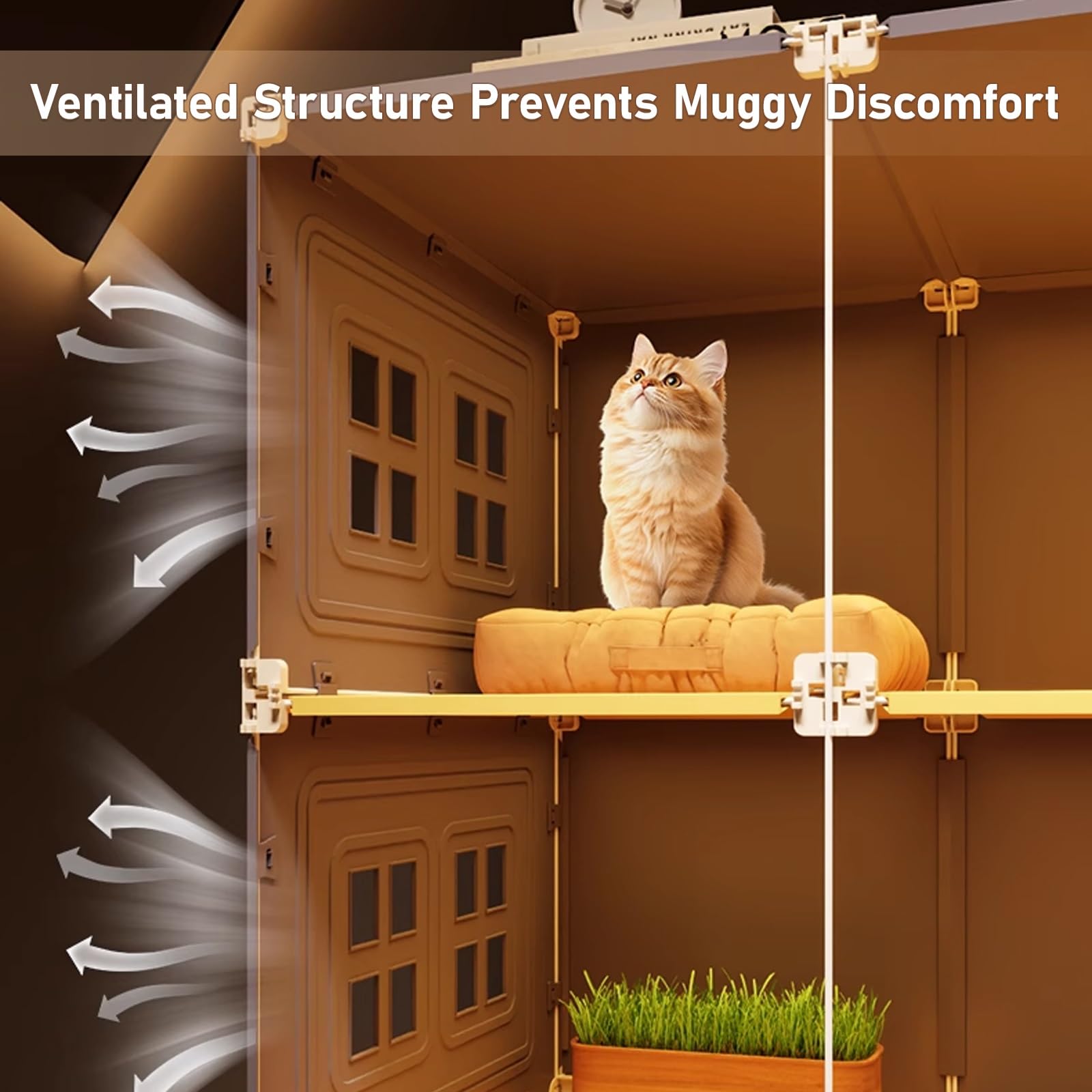 Gabbia per Gatti da Interno Trasparente con Lettiera Estraibile, Pannelli PP Rinforzati e Struttura Ventilata, Recinto Multilivello per Appartamenti(71x46x71cm)
