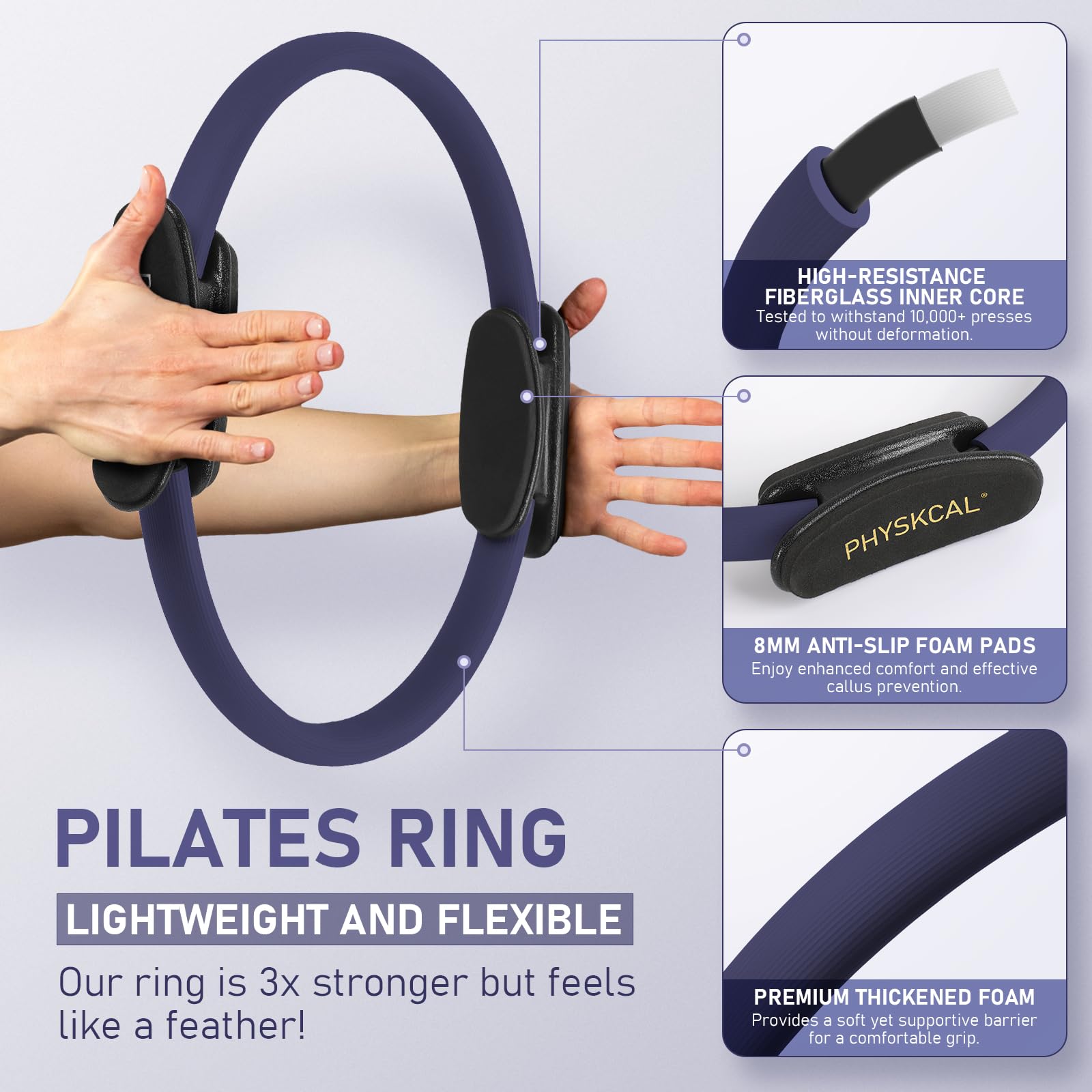 PhysKcal Anello per Pilates 38 cm, con Manici Imbottiti Extra Spessi, Attrezzatura per tonificare l'interno Coscia, Foglio di Allenamento Incluso