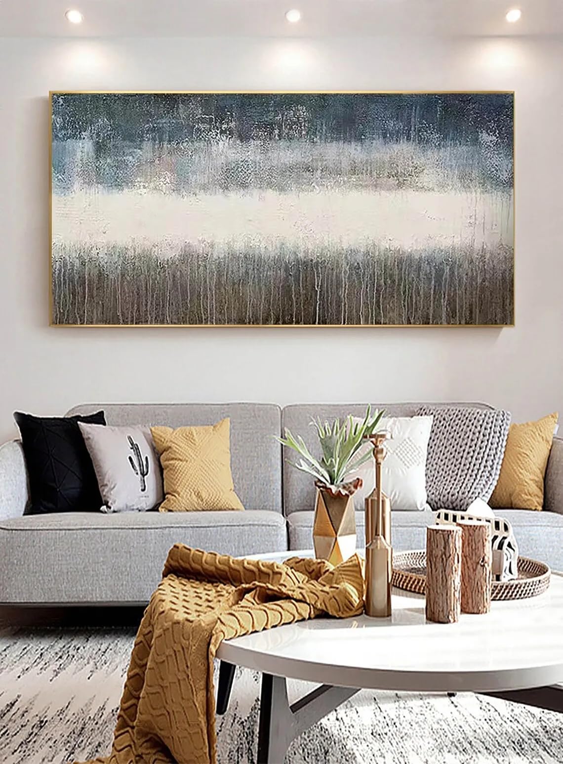 Art mural abstrait gris et bleu pour salon moderne 30x60cm