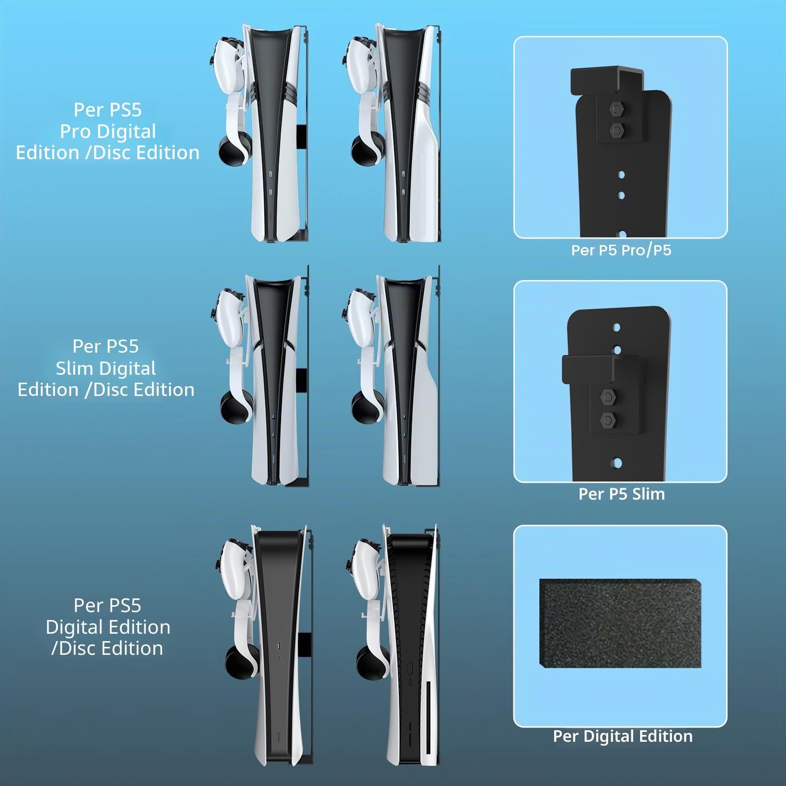 Staffa di montaggio a parete in acciaio compatibile con PS5 Pro/Slim/PS5, stabile supporto da parete in metallo per PS-5 con supporto per controller e gancio per cuffie, nero