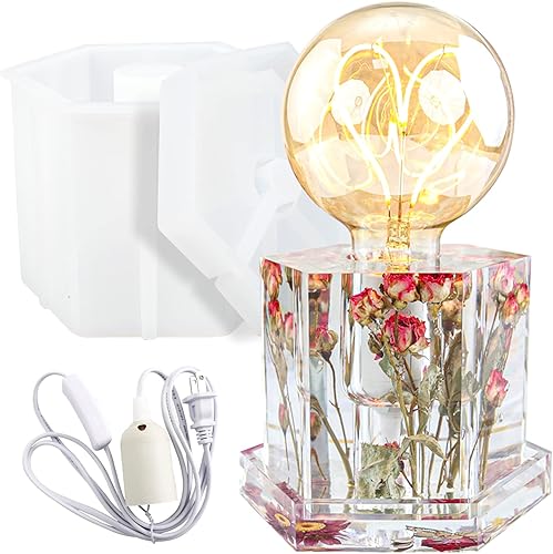 Lámpara de resina de silicona molde hexagonal soporte de bombilla con enchufe de luz 4.8 pulgadas de alto