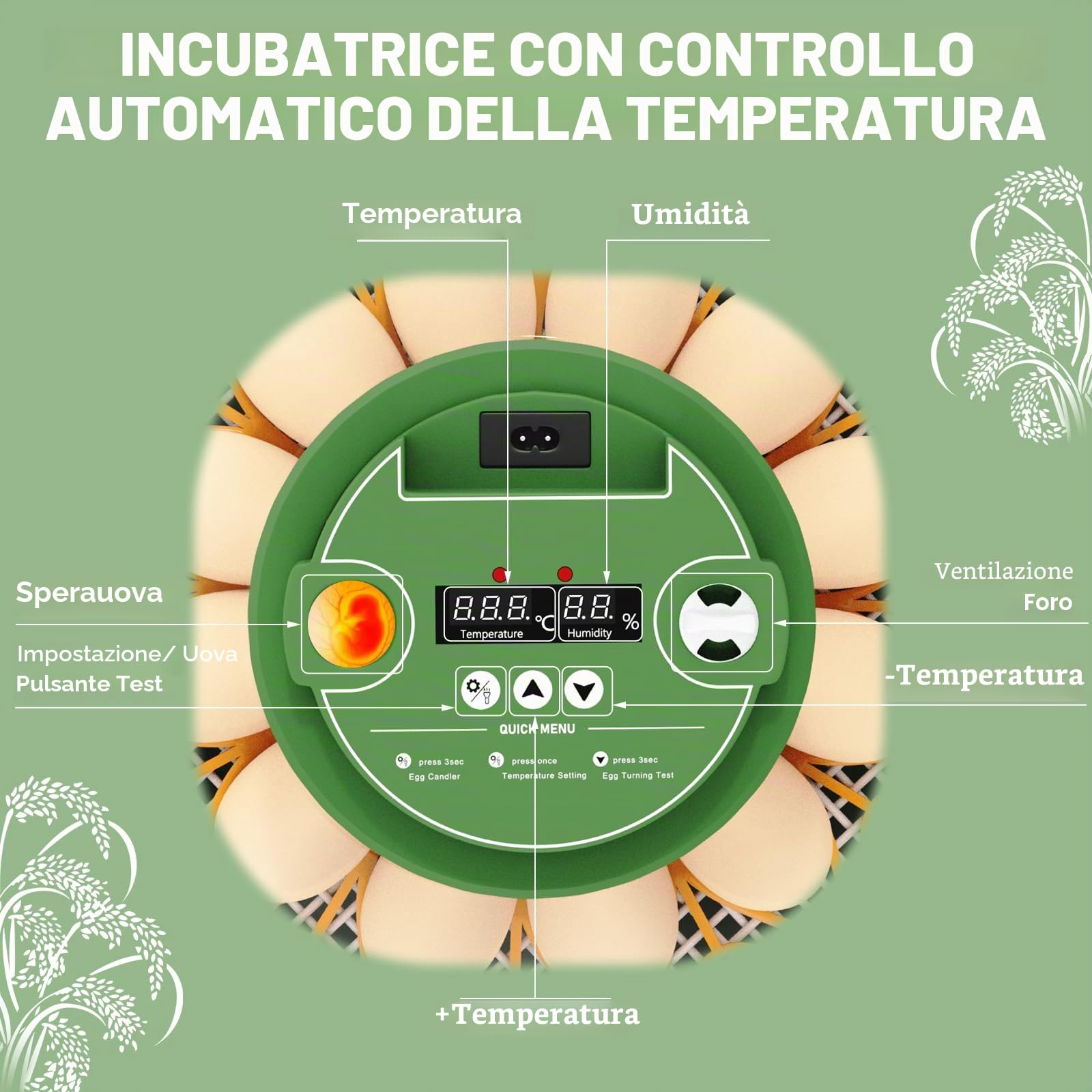 Incubatrice completamente automatica per 12 uova, incubatrice per polli con rifornimento automatico dell'acqua e voltauova automatico, controllo dell'umidità, ovoscopio per polli, anatre e uova di