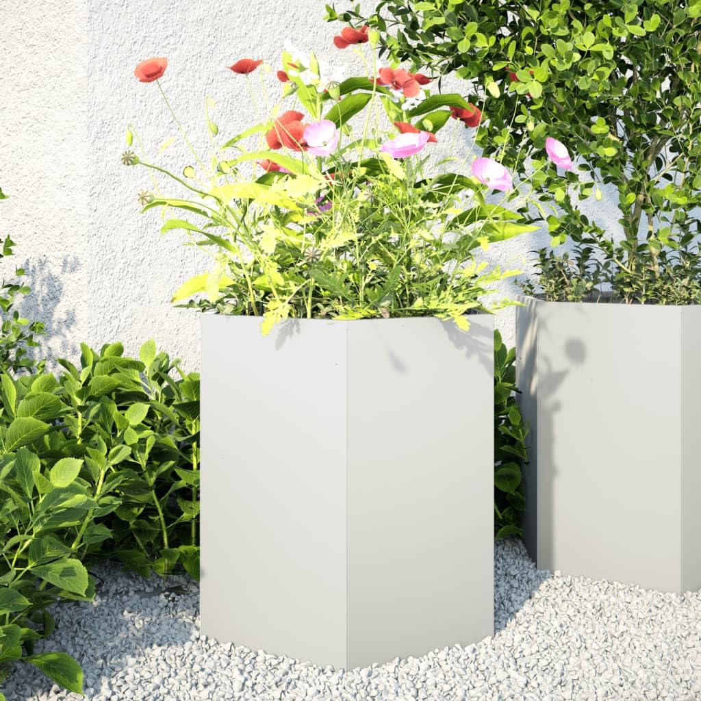 Jardineras de jardín de 2 piezas hexagonales de acero blanco 46 x 40 x 45 cm, jardineras elevadas sin fondo para plantas, huerto y hierbas aromáticas, diseño abierto para drenaje y crecimiento