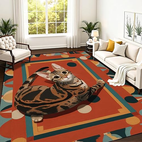 Vista 22 de Golden Feline Surrounded by 1970s Inspired Retro Designs Pastels Area Rug Outdoor Patio Rug Play Mat Modern Floor Carpet Non-Slip Home Decor Living