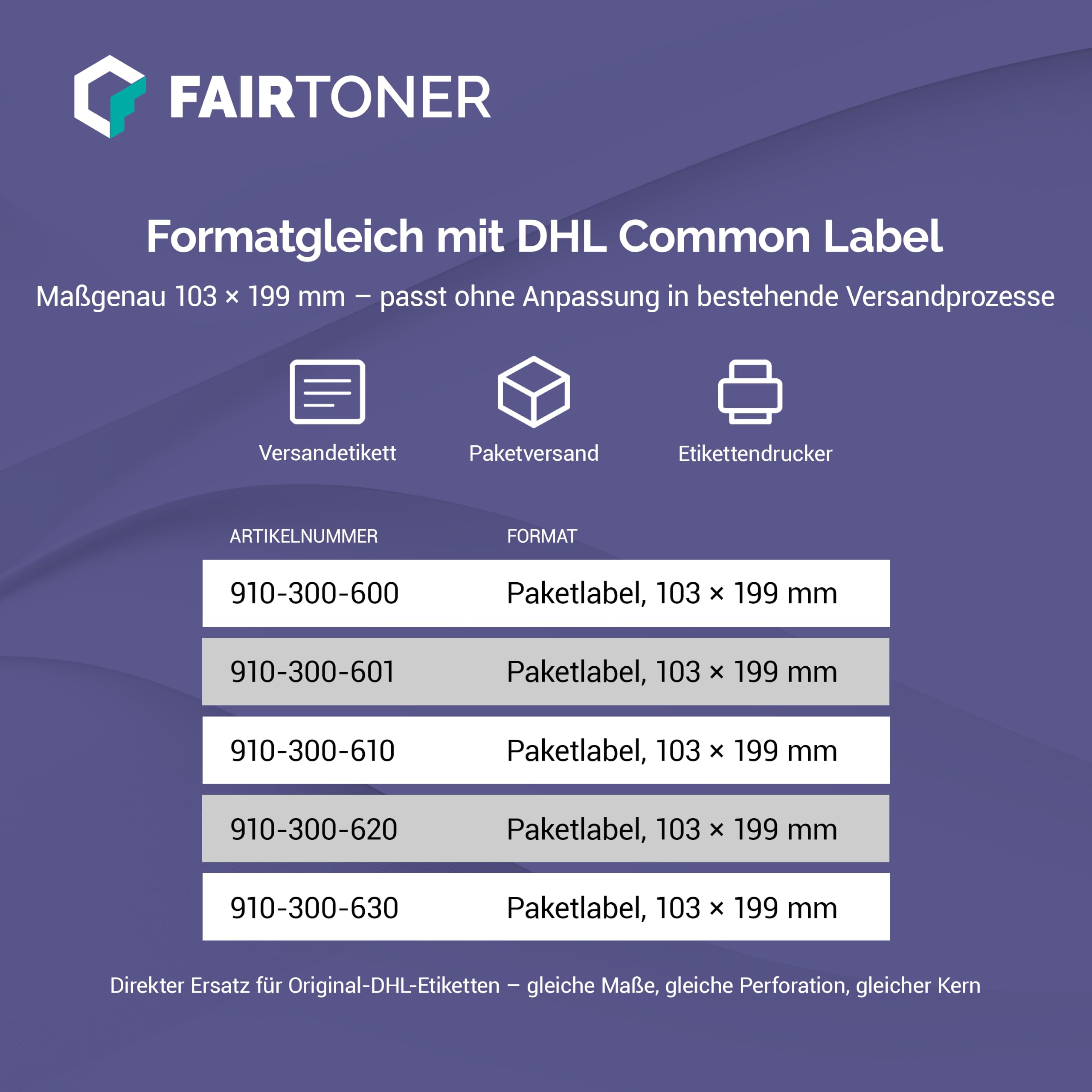 FairToner Versandetiketten Rollen 103x199mm 18 x 250 Label Thermodirekt | 4500 Etiketten, perforiert, Kern 25,4mm, BPA-frei, permanent haftend, kompatibel Zebra/TSC/Godex, Common Labels 910-300