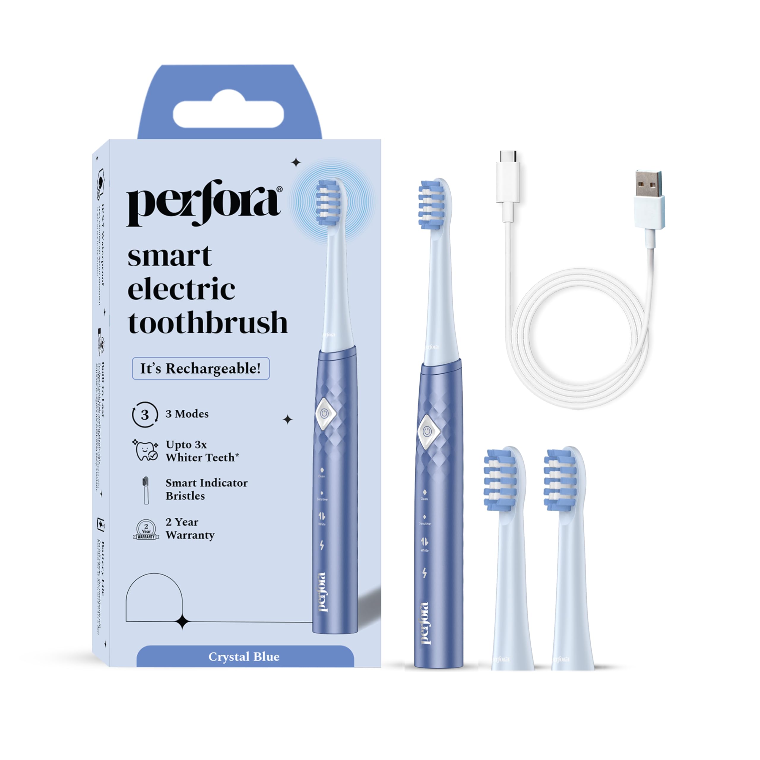 Perfora Rechargeable Electric Toothbrush|3 Brush Heads|30000 Vibrations|Smart Indicative Bristles|3 Modes|2 Year Warranty|Electric Brush,Electric Toothbrush For Men,Women & Kids|Crystal Blue-Pack Of 1 (B0CTQW5MR4) Amazon Price History, Amazon Price Tracker