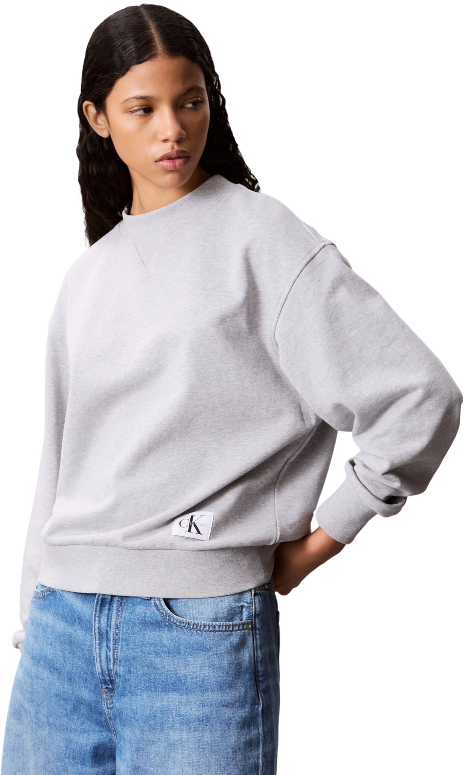 Calvin Klein Women’s Round Neck Badge Logo Terry Sweatshirt, Grey (Heroic Grey Heather), S