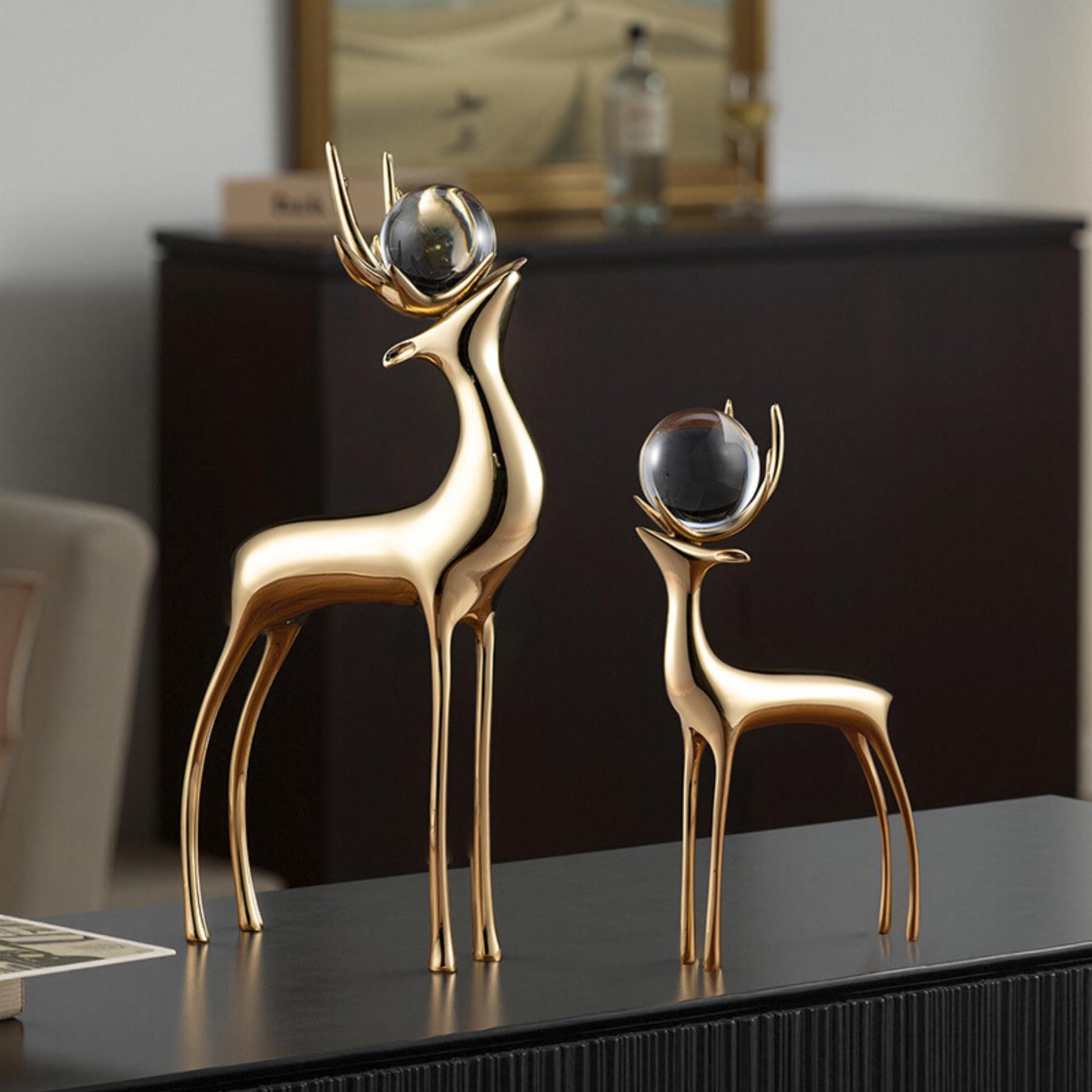 Aottsd Gold Bronze & Crystal Black Bronze Deer Pair Sculpture Modern Elk Home Collector Decor