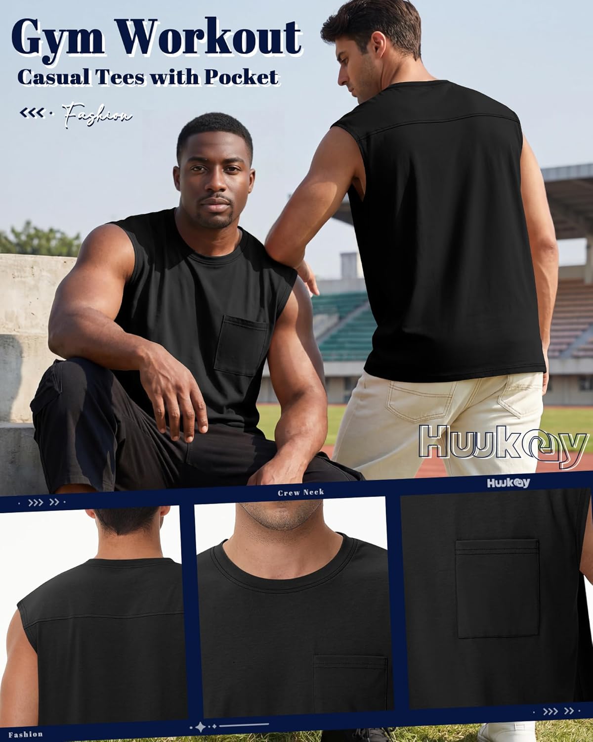 Huukeay 3 Pack Cotton Men's Big and Tall Sleeveless Tank Tops Muscle Shirts Gym Workout Casual Tees with Pocket