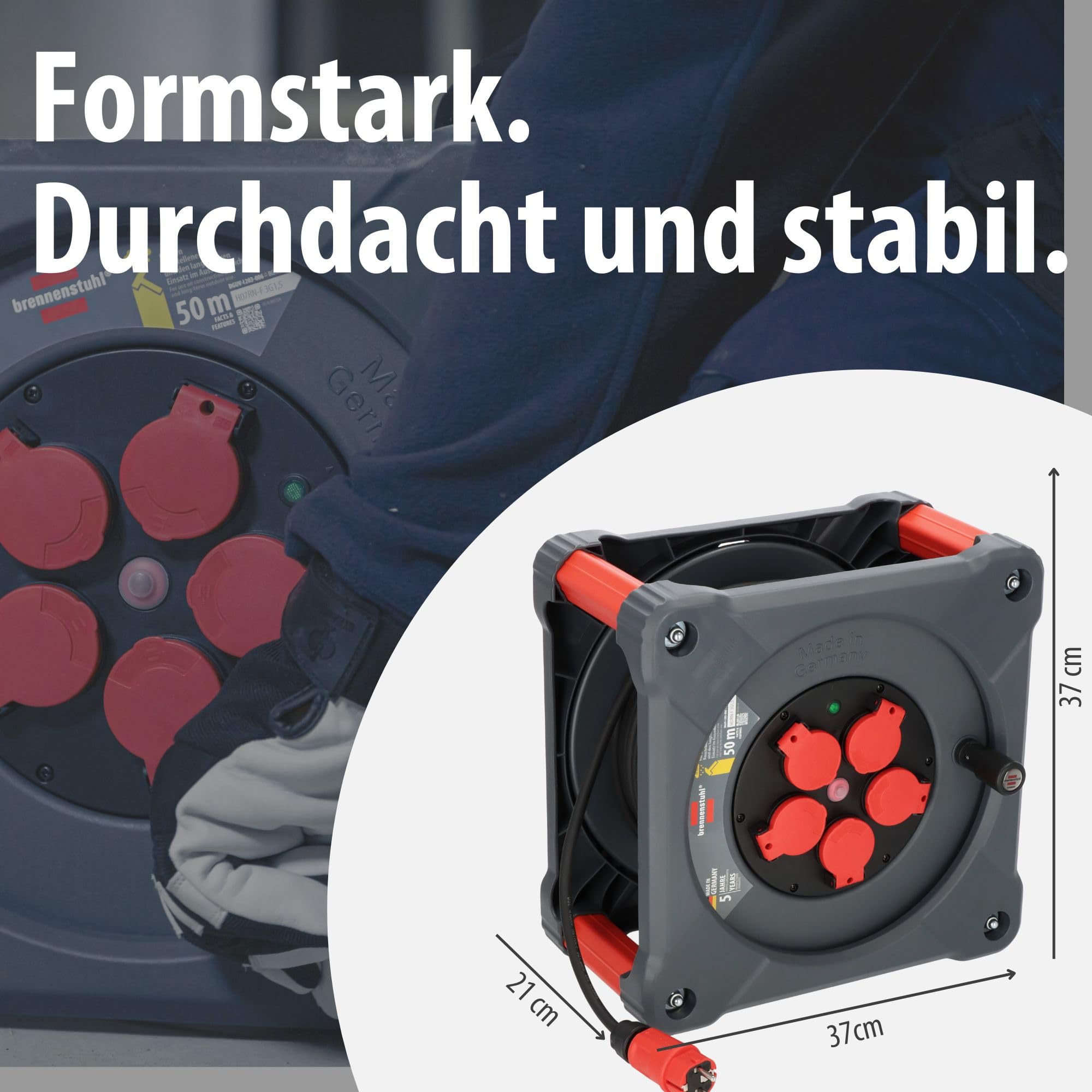 Brennenstuhl Avvolgicavo professionale per cantiere, KA 5100 5 IP44 (cavo 50 m H07RN-F 3G1,5 in nero, 5 prese di sicurezza, uso in cantiere e uso esterno permanente, Made in Germany)