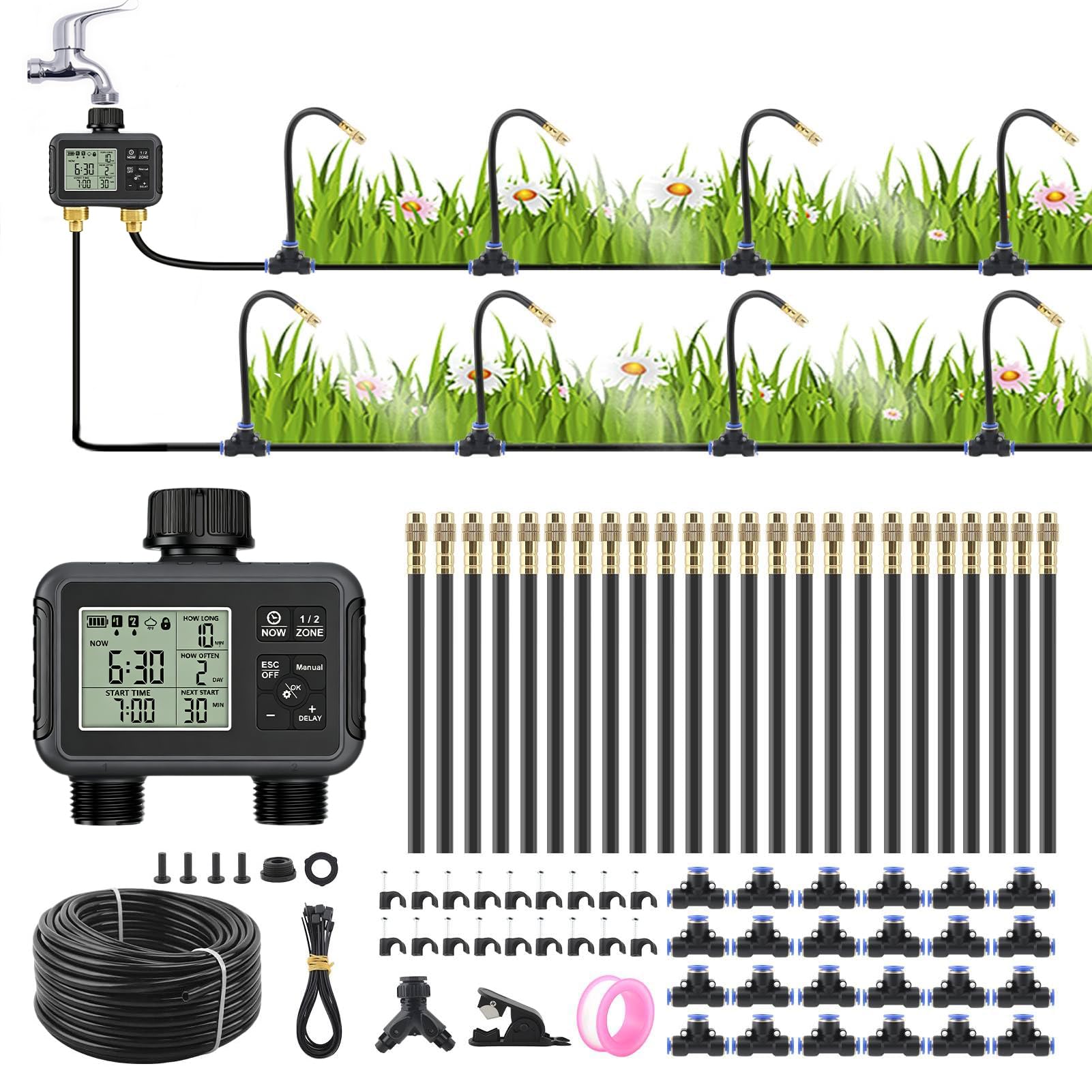 Sistema di irrigazione a goccia da 200 piedi con timer intelligente dell'acqua (doppio tubo) | Kit di irrigazione automatica da giardino, ugelli regolabili a 360° e tubo pieghevole per giardino, prato e serra