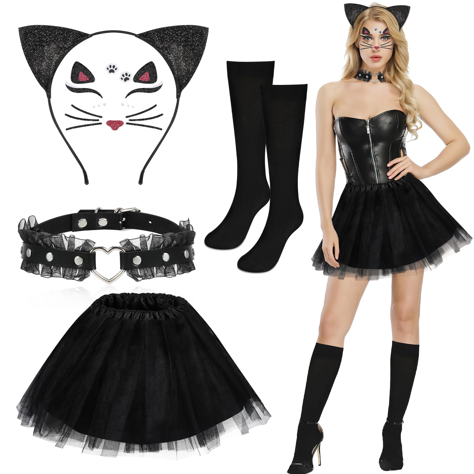 Hifot 5 Piezas Kit Disfraz Gata Accesorios Mujer Niña,Falda Tutú Orejas de Gato Gargantilla de Encaje Disfraz Catwoman Mujer Accesorios de Disfrace Adultos Fiesta Halloween