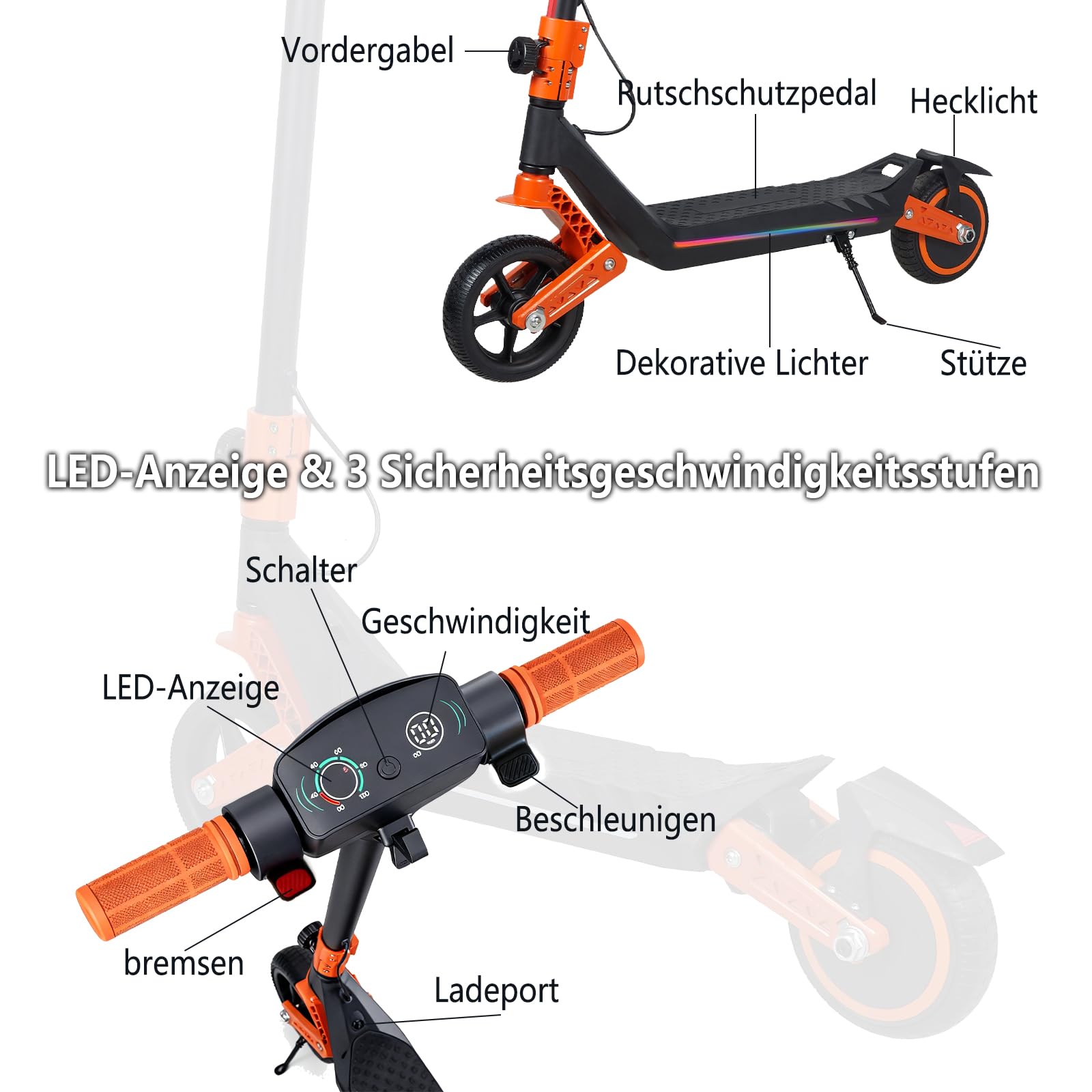 E Scooter Elektroroller für Kinder, Elektroscooter Doppelte Federung mit Bunte Regenbogenlichter und LED-Anzeige, 12 km Reichweite, Geschenke Für Jungen und Mädchen ab 6 Jahren