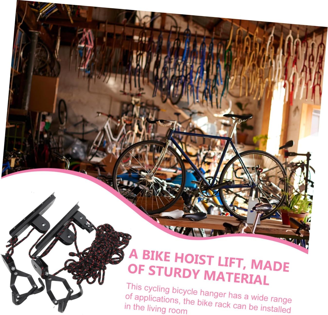 Ceiling Bike Hanger and Garage Wall Mount Rack, Steel Bicycle Storage Hook with Pulley System for Indoor Bike Organization and Space Saving Random Color