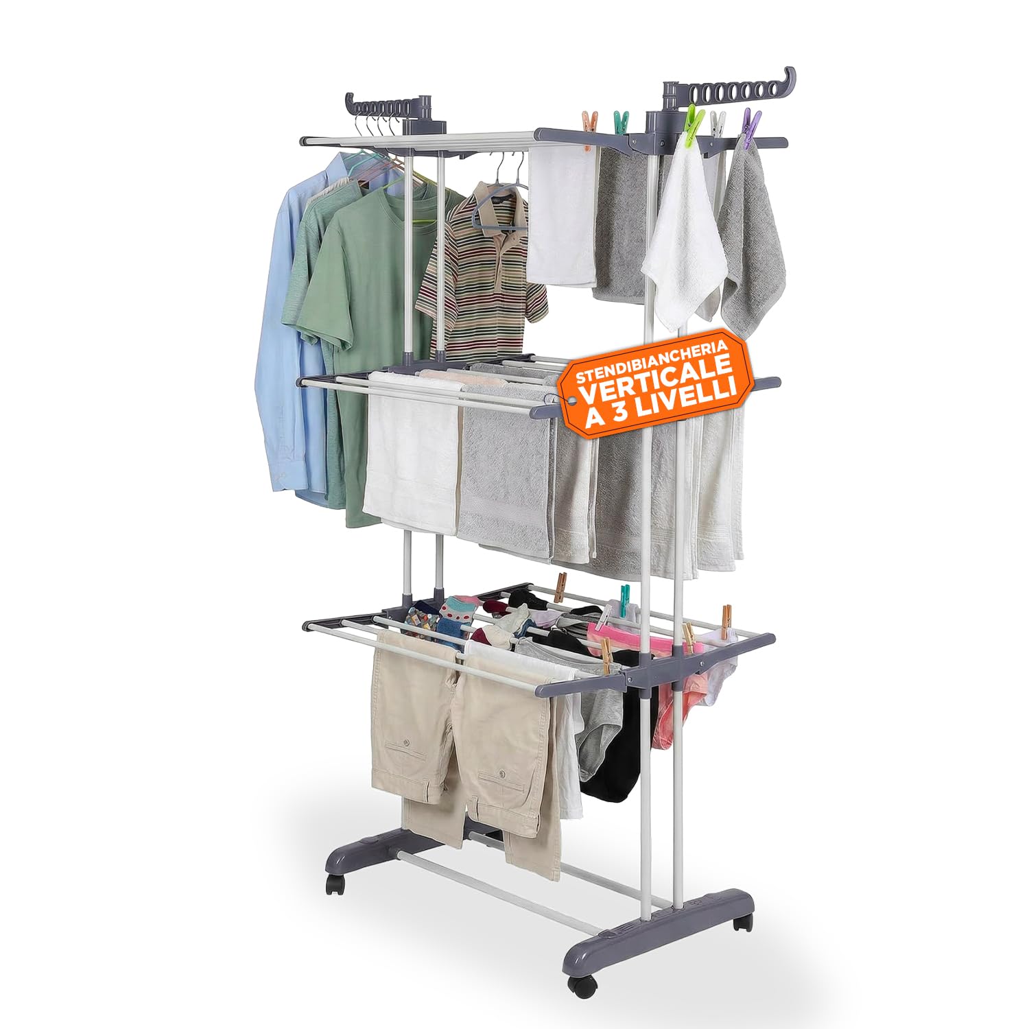 Avilia - Stendino Verticale 3 Livelli con Ruote Pivottanti – Stendibiancheria Verticale Salvaspazio PP+Ferro, 20 kg | Stendino Salvaspazio L105×P64×A173 cm, Bracci 29 cm (Grigio Scuro)