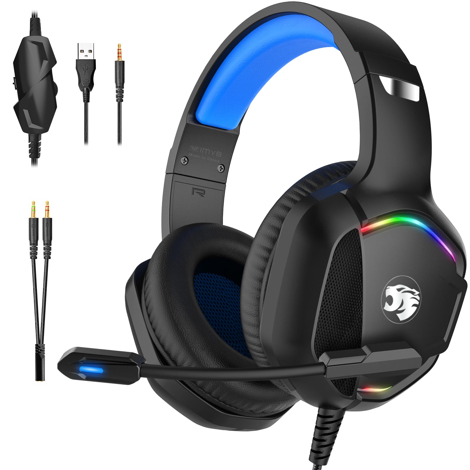 A36 Gaming Headset with Microphone for Pc, Xbox One Series X/s, Ps4, Ps5, Switch, Stereo Wired Noise Cancelling Over-Ear Headphones with Mic for Computer, Laptop, Mac, Nintendo, Gamer (Blue)