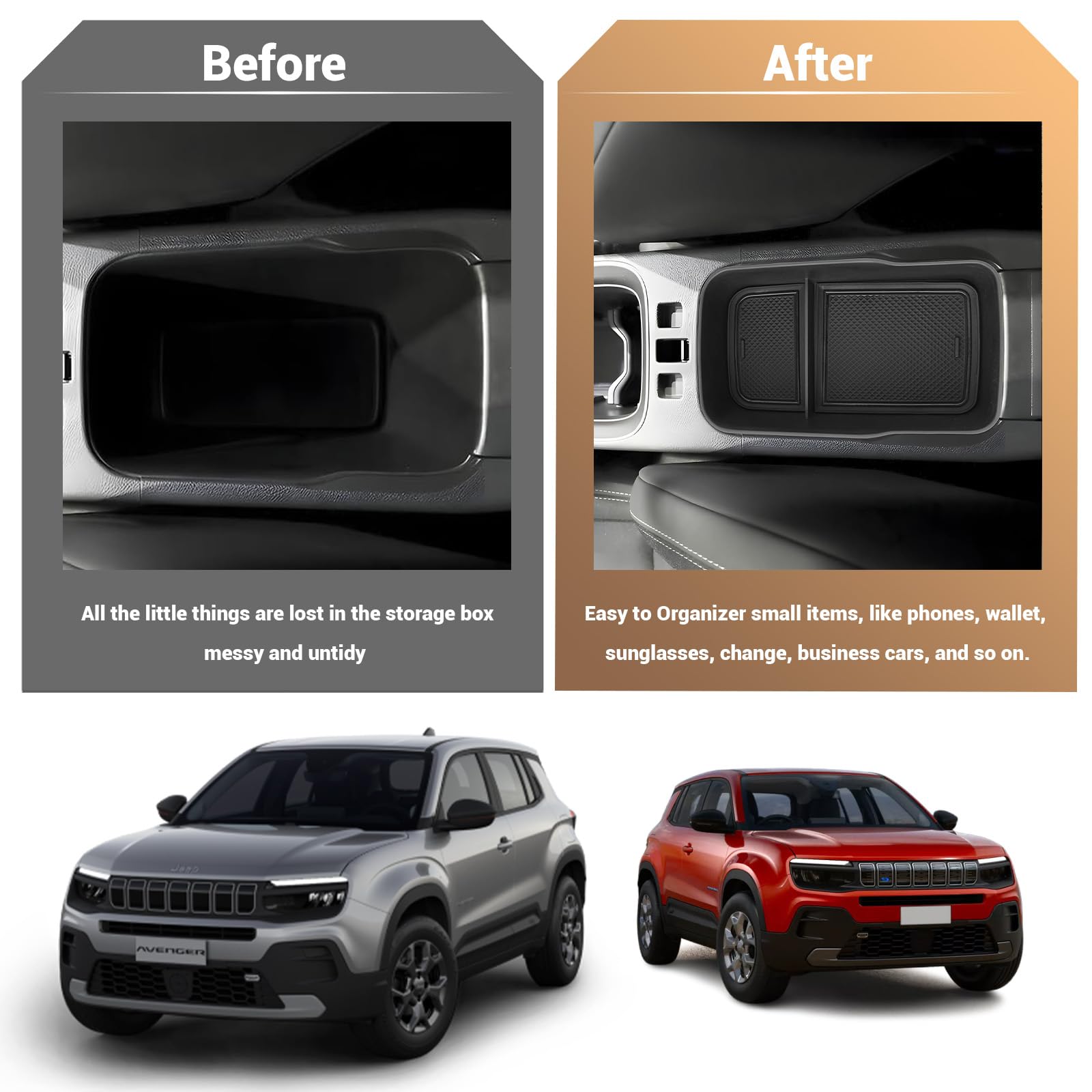 YEE PIN Avengers pudełko do przechowywania Kompatybilne z Jeep Avenger EV/Hybrid 2023 2024 Organizer do konsoli środkowej, tacka do przechowywania, organizer do podłokietnika, akcesoria z