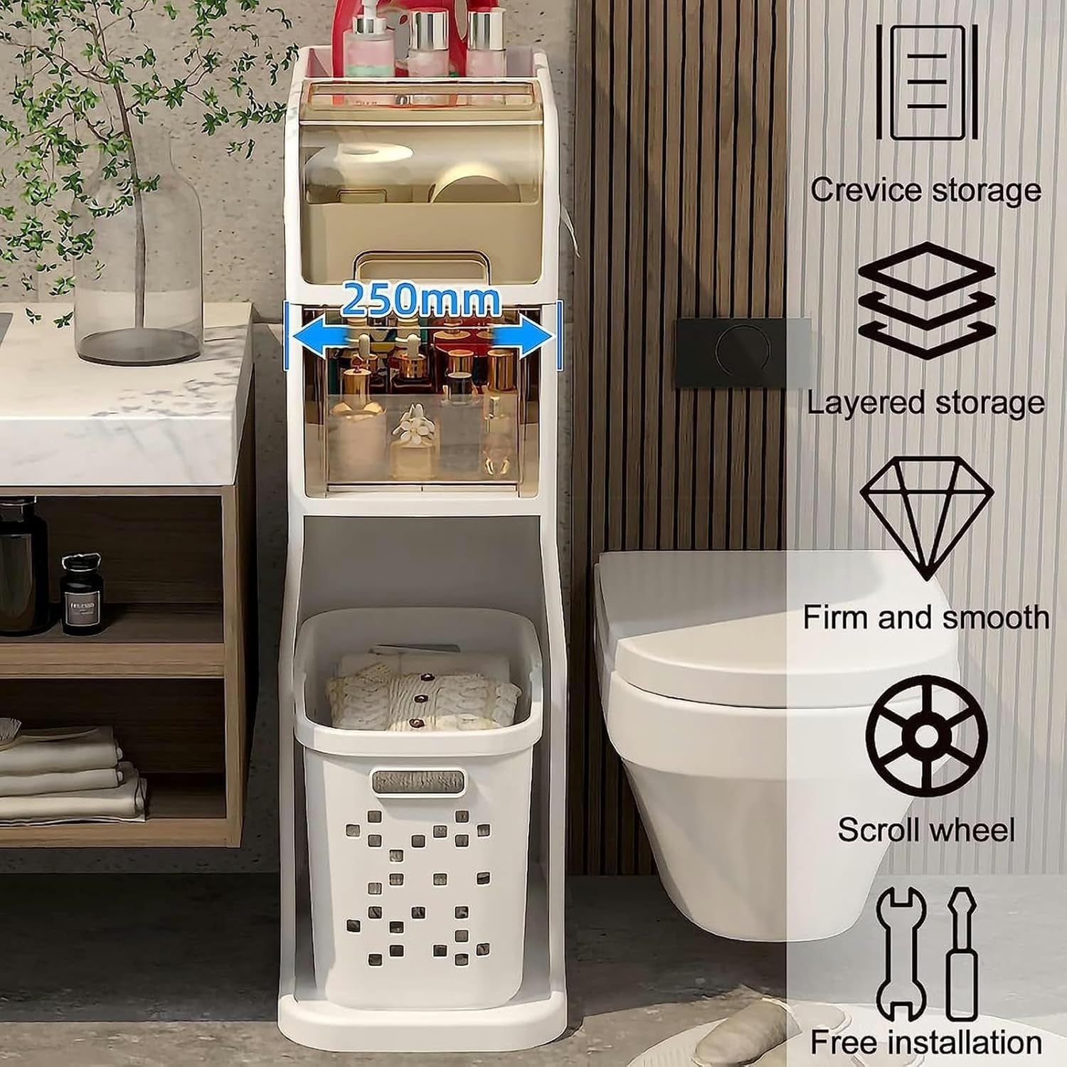 Cabinet Storage+Laundry Basket,Cabinet Filler Slim Toilet Paper for Small Kitchen Toilet Gap,3Tier(2Tier)
