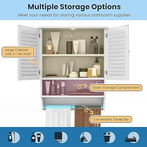 Miniatura 4 de FUTADA - Armario de baño montado en la pared con estante abierto, botiquín con puertas de doble rejilla, toallero, estante ajustable, armario de