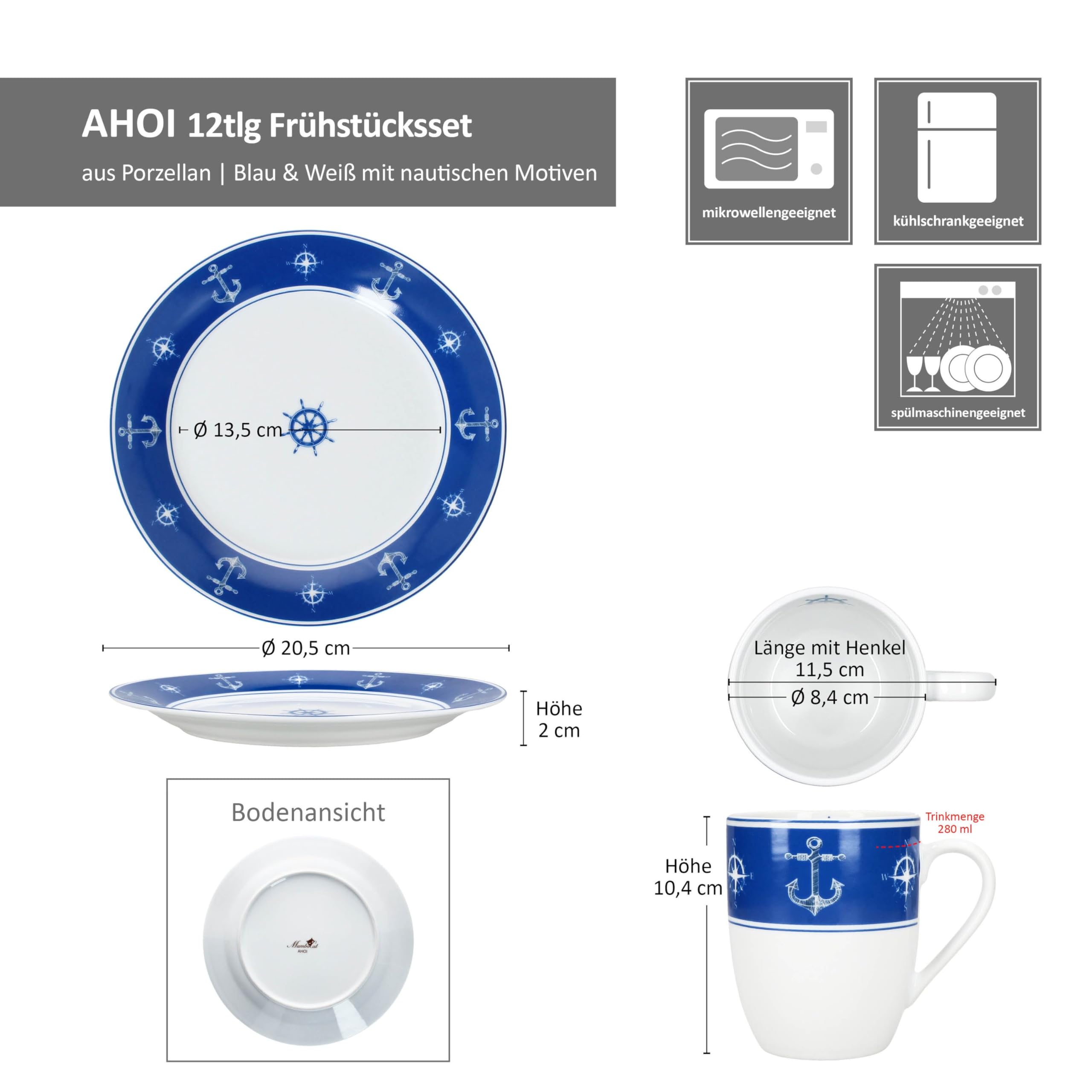 MamboCat Ahoi 12tlg Frühstücksset aus Porzellan I blau-weißes maritimes Design mit Anker & Steuerrad I je 6x Kuchenteller & Kaffeebecher für 6 Personen | Frühstück & Kaffeezeit