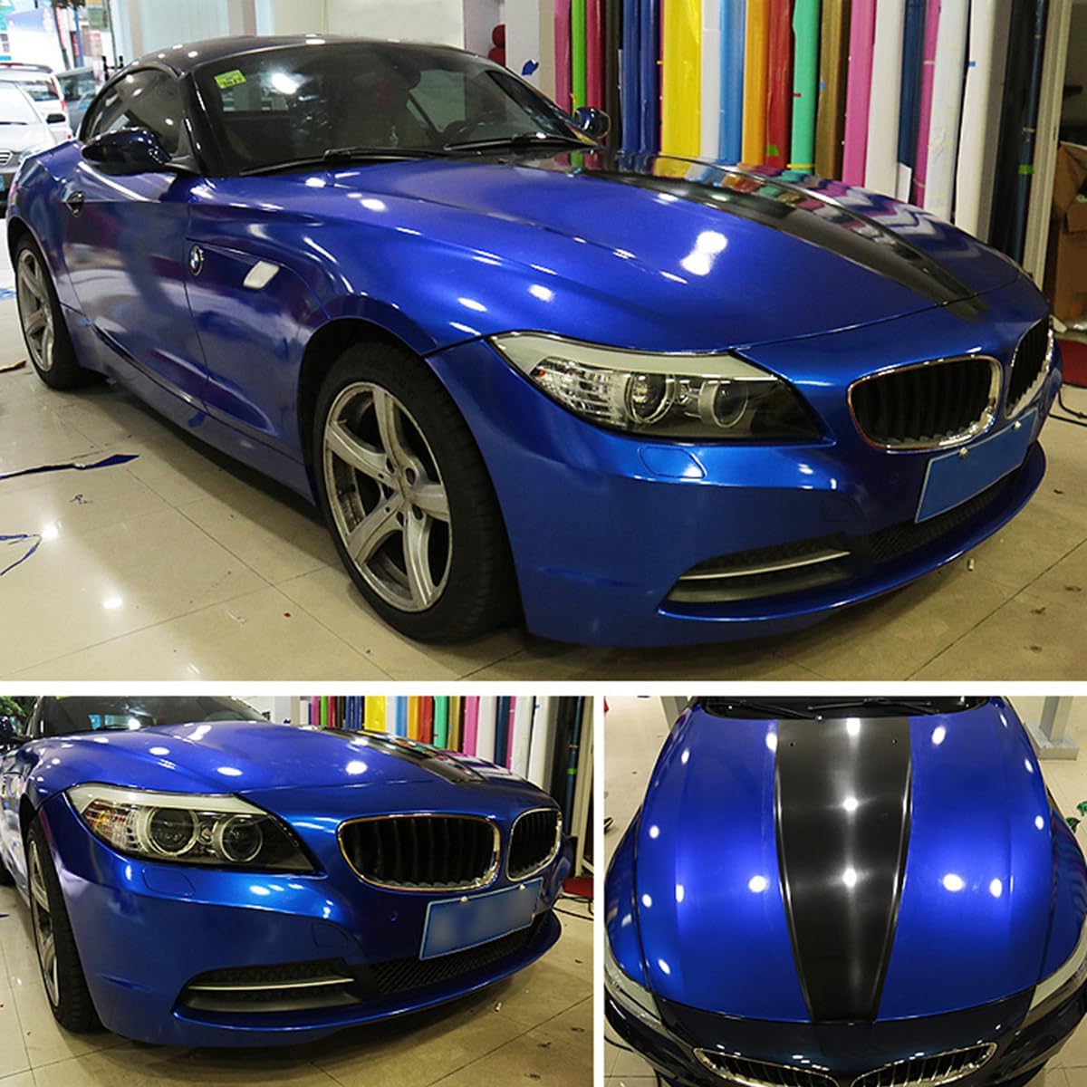 Bubble Free Car Vinyl Wrap, Self-Adhesive Car Sticker Roll, High Gloss Imitation Metallic Look Solid Color, Blue, 50x152cm