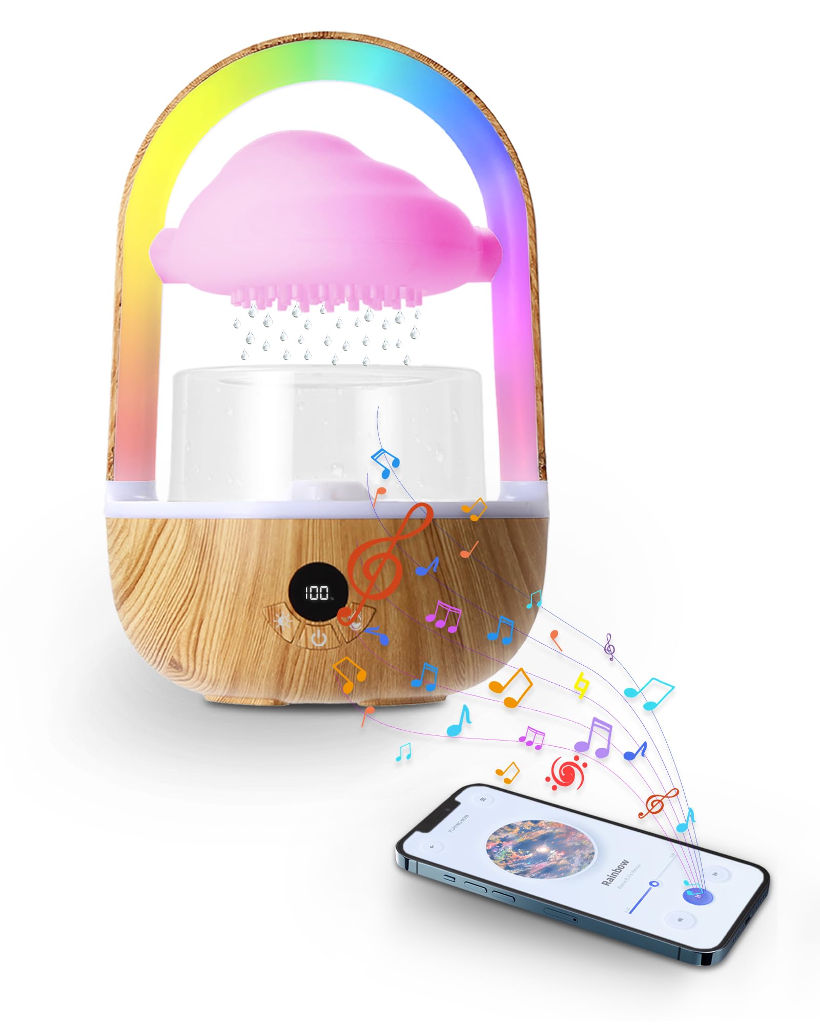 Rainbow Rain Cloud Aromatherapy Essential Oil Diffuser Humidifier, Night Light, Running Light Waterdrip, Raindrop Whitenoise, Rechargable, Easy to Operate, Adjustable Waterflow, Colorful LED Lights