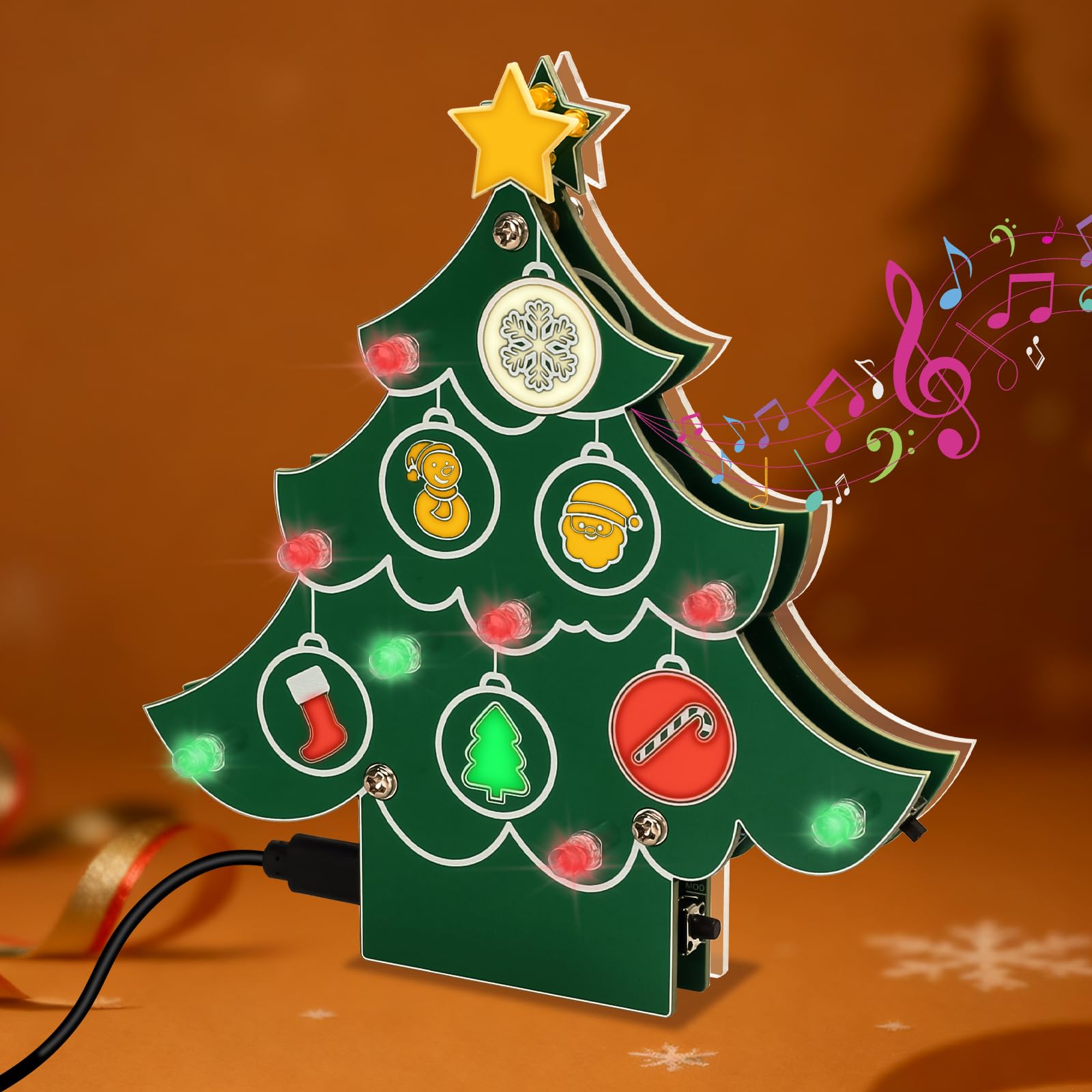 ICSTATION DIY Musical Christmas Tree Soldering Kit with 3 Light Modes Xmas Tree Soldering Project Glowing Christmas Elements Educational Electronics Project for Learning & Holiday Desktop Decoration